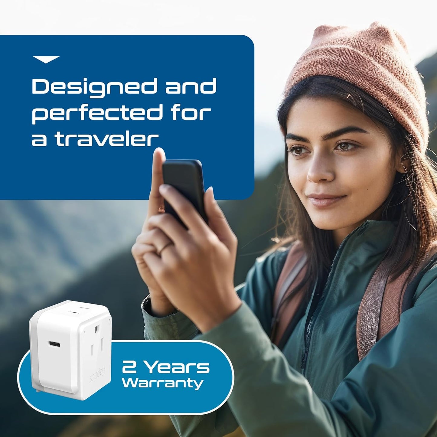 Ceptics Universal Travel Adapter kit, Dual USB (QC 3.0) + 2 US outlets + USB-C Cable, Use with Chargers, Cell Phones, Laptops, 6 Plug attachments for Worldwide use (Does Not Convert Voltage) (WPS-2B)