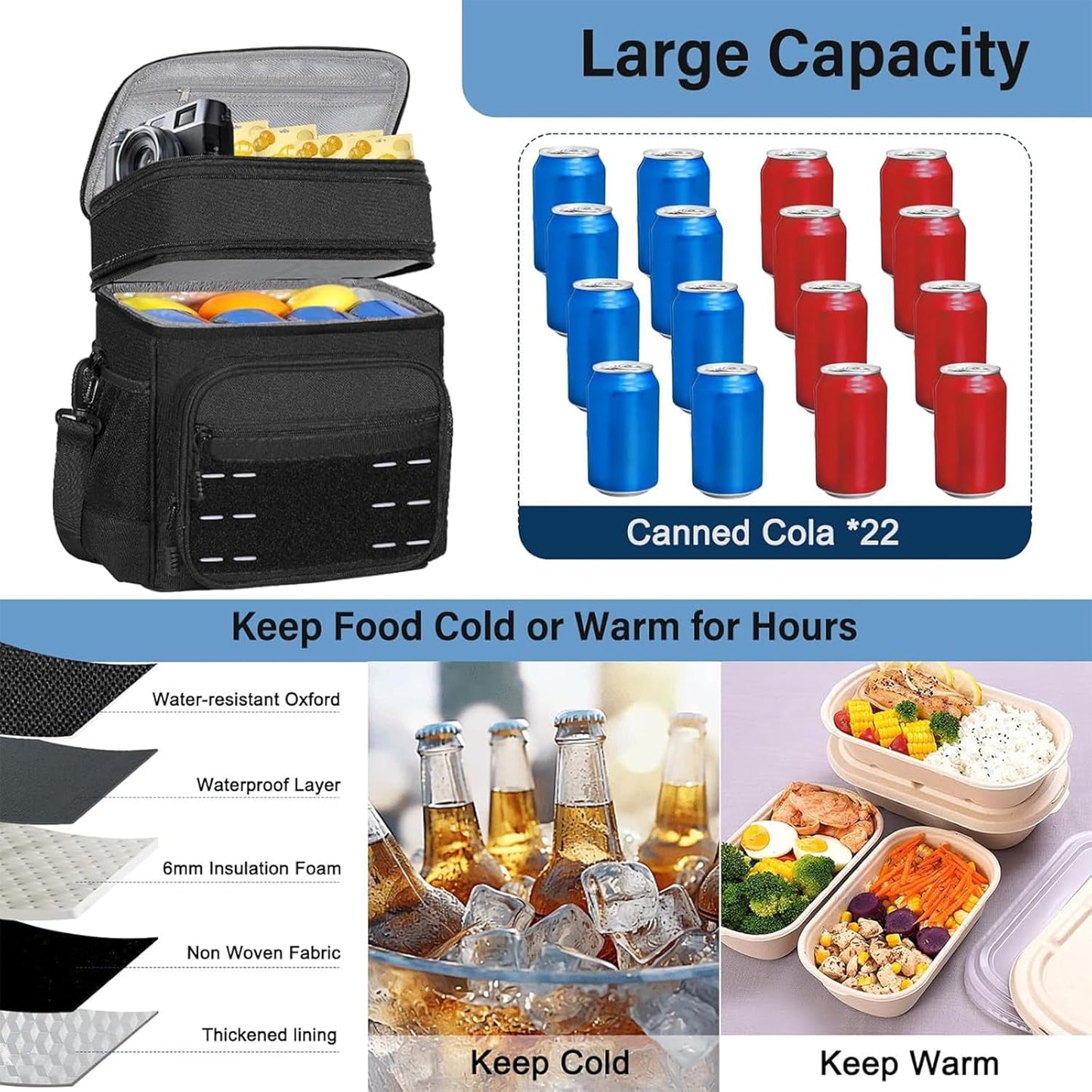 Lunch Box Cooler Bag - Insulated Tactical Lunchbox for Men - XLarge Lunch Pail Lunch Kit for Adults Work Outdoor Shifts Trips Black Camo 25L