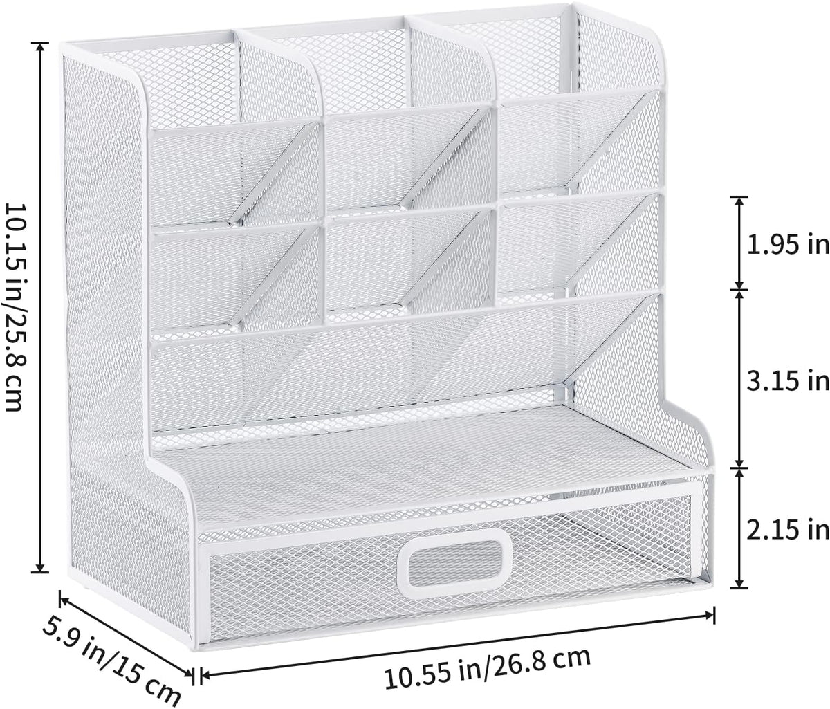 Marbrasse Mesh Desk Organizer, Multi-Functional Pen Holder, Pen Organizer for desk, Desktop Stationary Organizer, Storage Rack for School Home Office Art Supplies (White Mesh Pen Holder with Drawer)