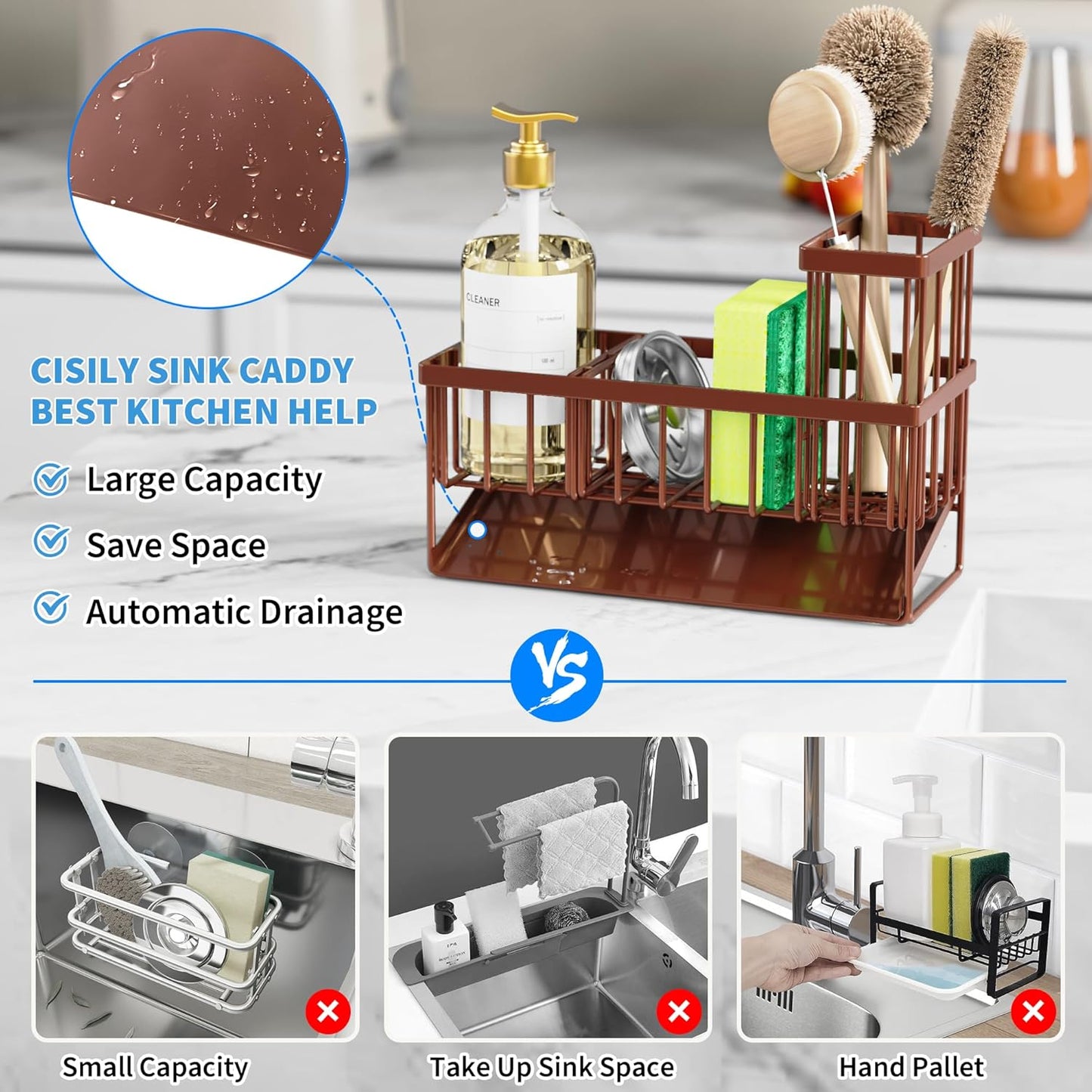 Cisily Kitchen Sink Caddy Organzier with High Brush Holder, Sponge Holder for Sink, 304 Rustproof Stainless, Kitchen Countertop Soap Dispenser Organizer, Kitchen Decor and Accessories (Black)