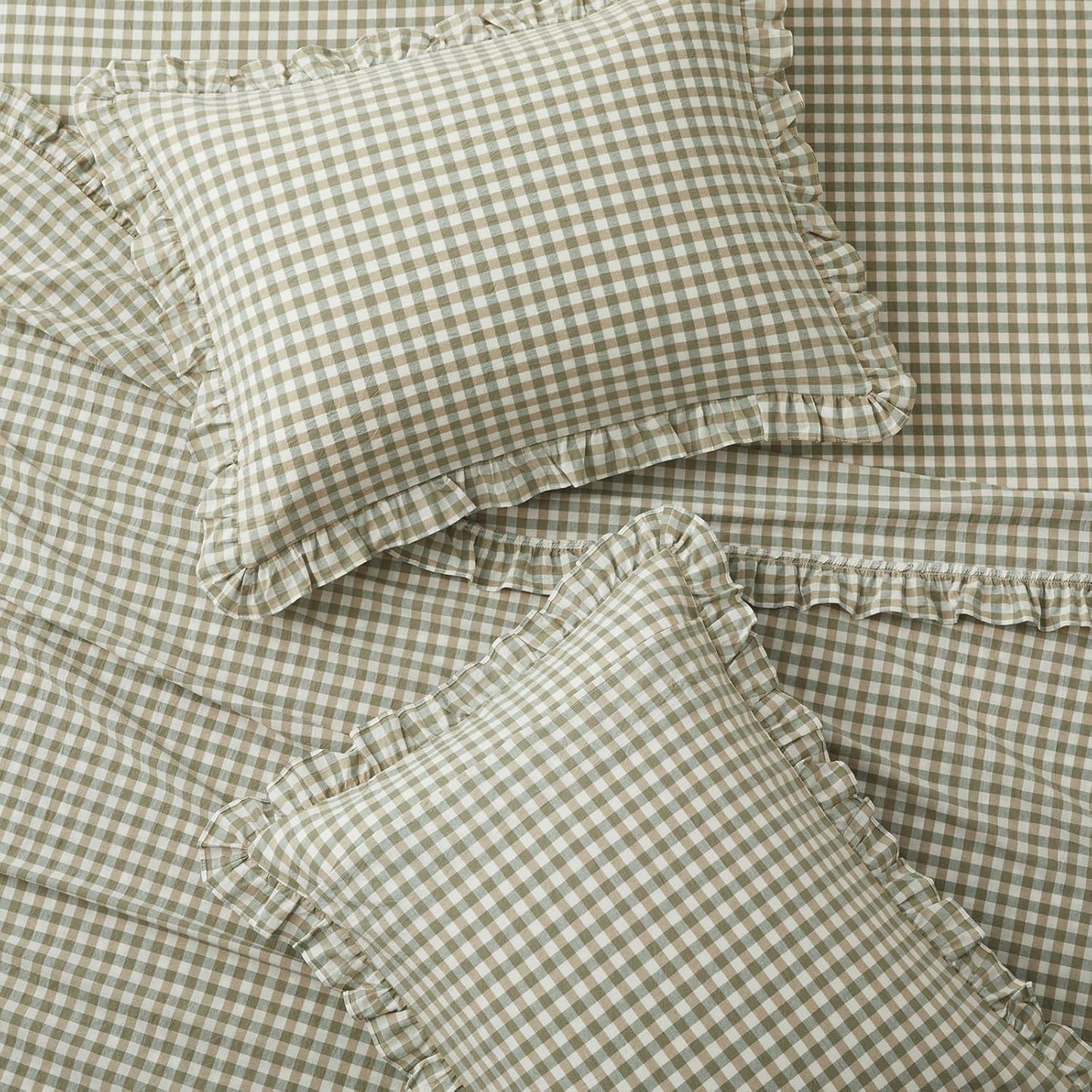 KKJIAF 3 Pieces Plaid Ruffle Twin Bed Sheets, Gingham Twin Sheet Set Comfy Breathable Ruffed Bed Sheet Set with 16 Inch Deep Pocket, Dusty Blue