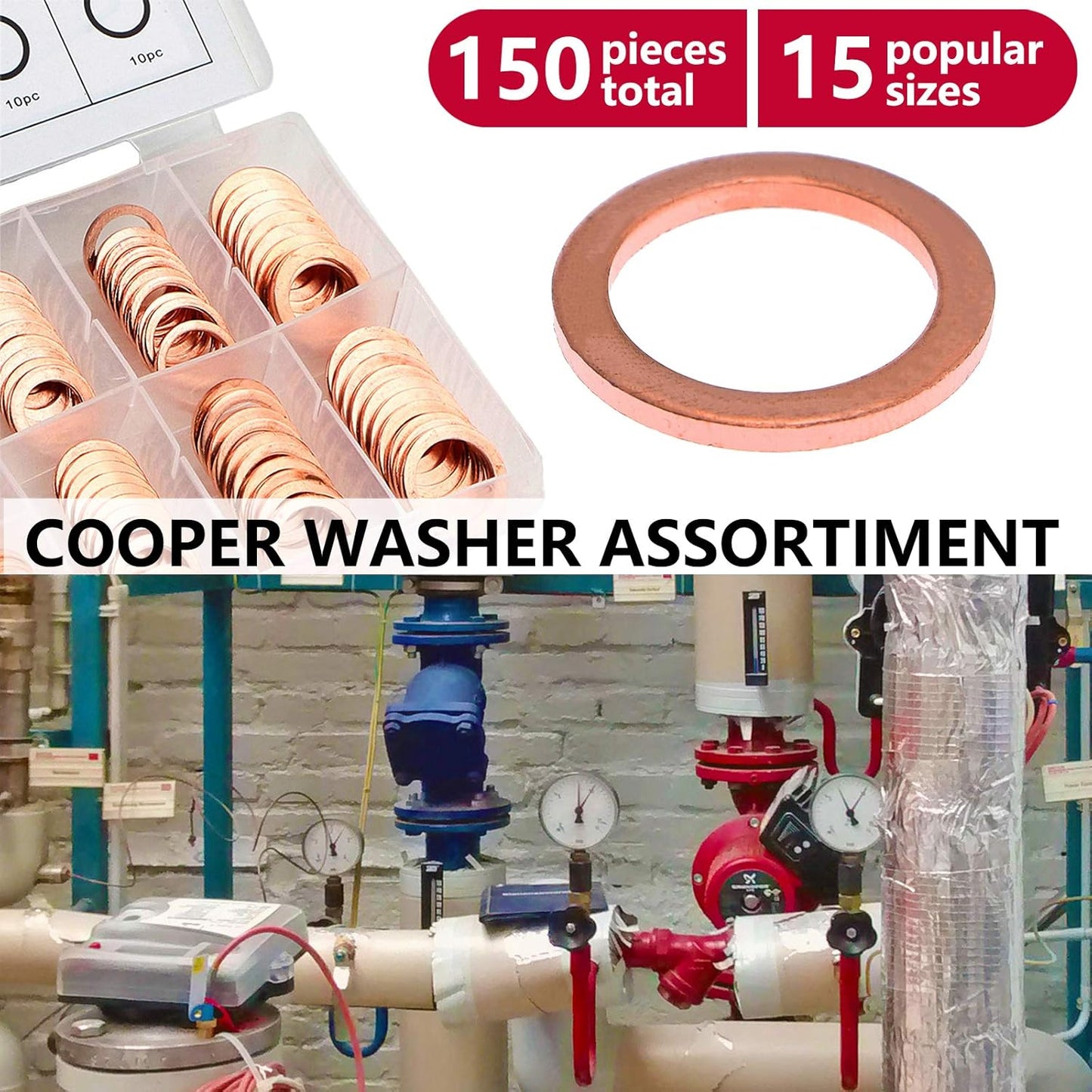 Toolwiz 150PCS 15 Sizes Copper Washers Metric Sealing Assortment Set Flat Ring Sump Plug Crush Washer Oil Drain Plug Gasket Seal Assortment Set M5/6/7/8/10/10.5/11/12/12.5/14/15/16/16.5/17.5