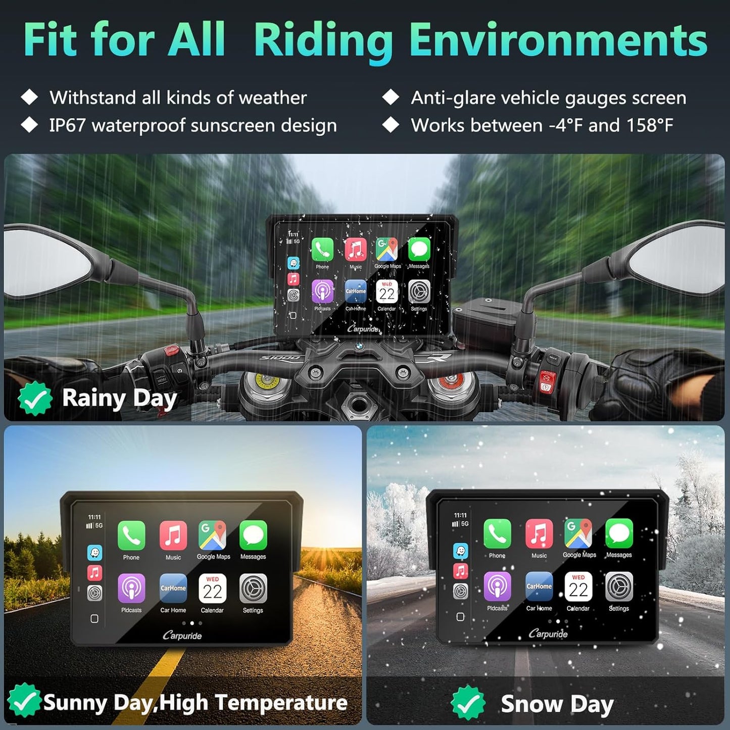 2025 CARPURIDE W702BS PRO for BMW Motorcycle CarPlay & Android Auto Dual Bluetooth, 7" Waterproof GPS Navigation Screen, Data Reading,Native Wonder, TPMS, Light Sensor, Music Sharing, Intercom, 16-Pin