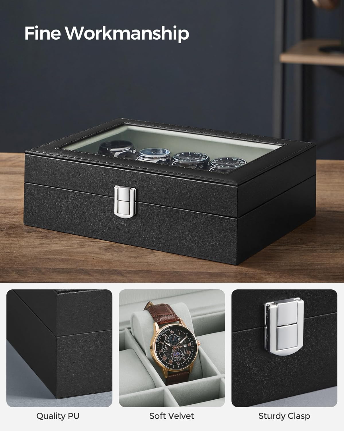 SONGMICS Watch Box, 6-Slot Watch Case, Watch Box Organizer, Black Synthetic Leather, Greenish Gray Lining UJWB06BK