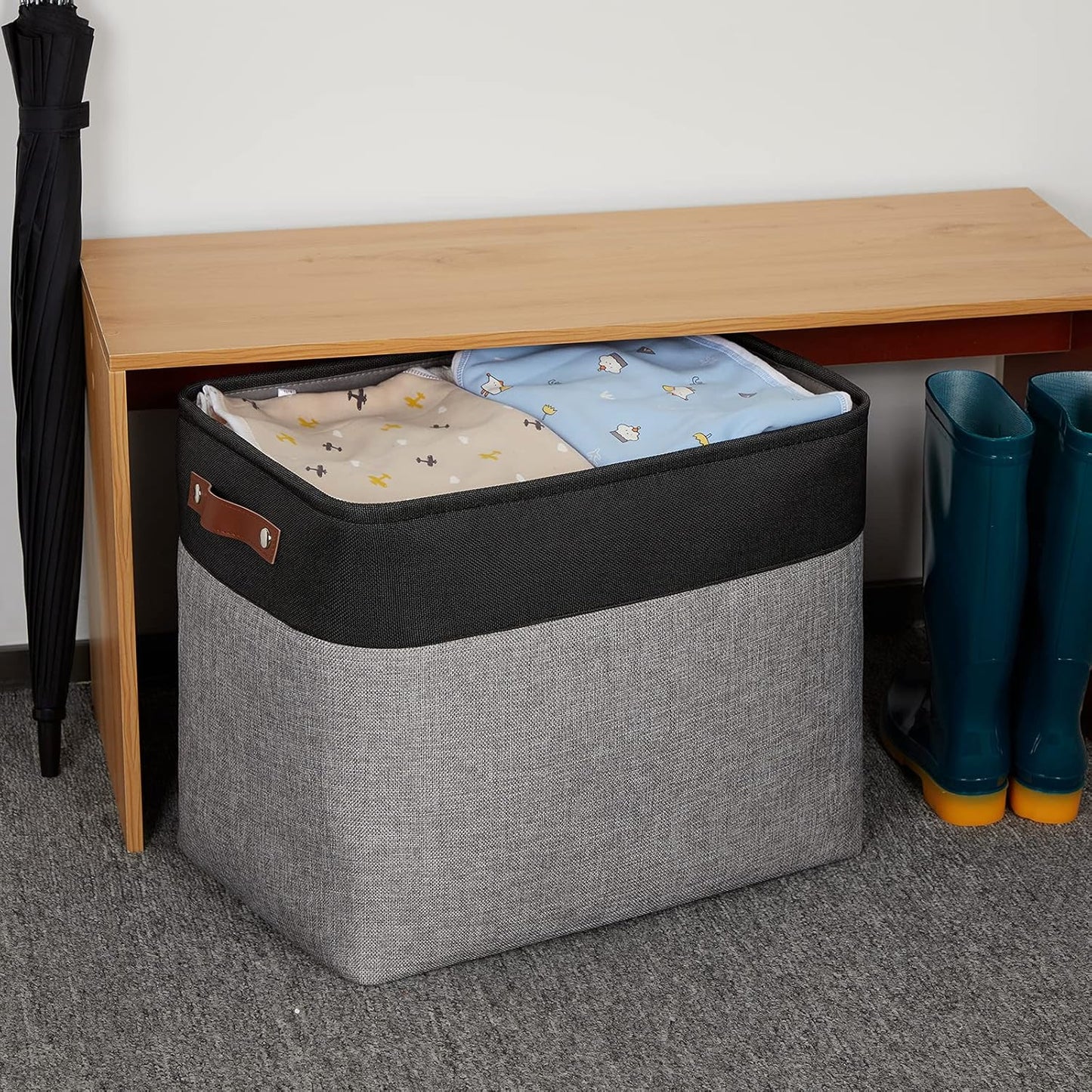 DULLEMELO Storage Baskets for Shelves, Fabric Collapsible Rectangular Storage Bins for Shelves, Closets, Nursery, Home, Office, Empty Gift Baskets (White&Teal)