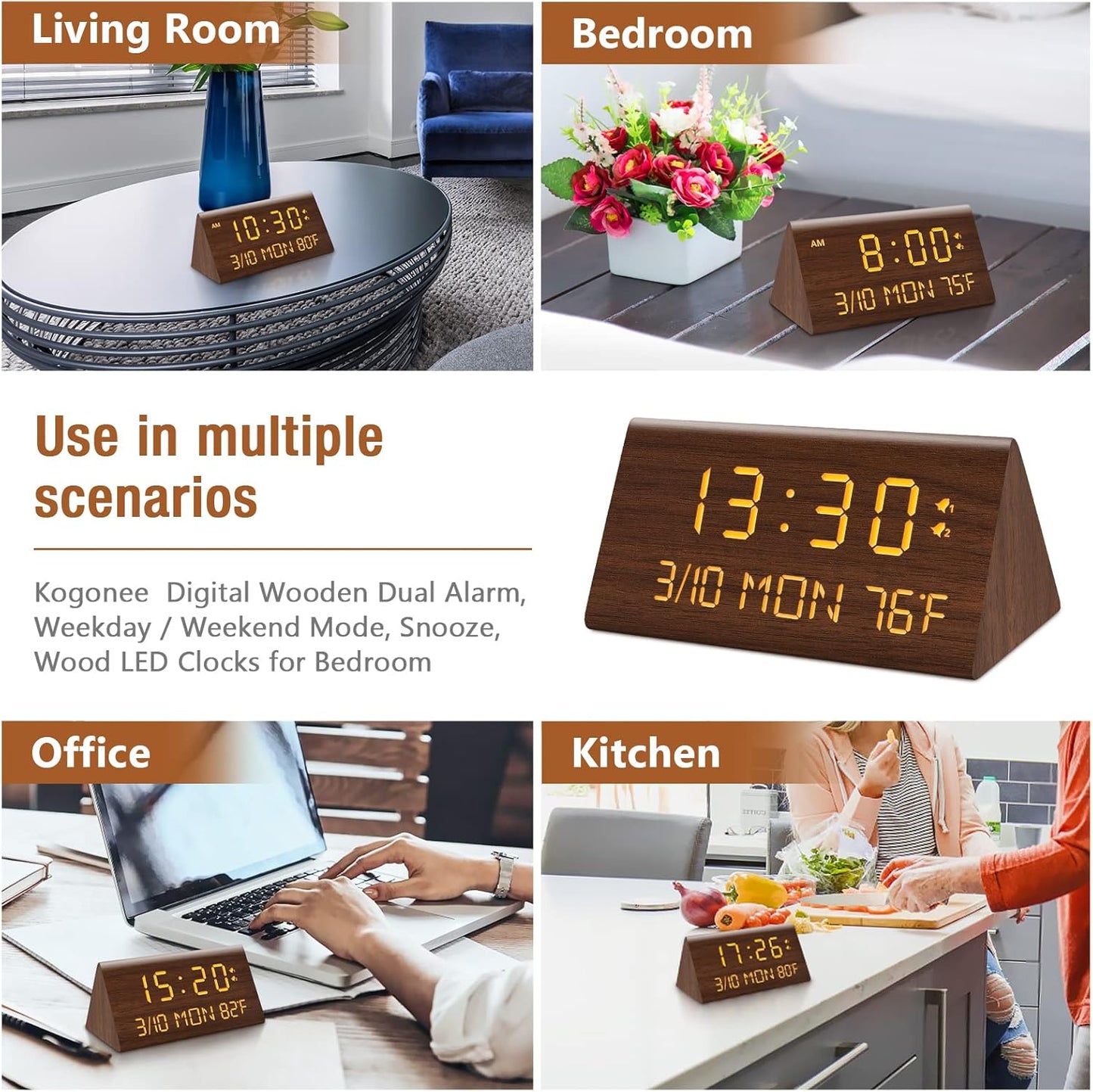 Kogonee Wooden Digital Alarm Clock, 0-100% Dimmer, 2 Alarm Settings, Weekday/Everyday Mode, 9 Mins Snooze, 12/24H, Temperature and Date Display for Office, Travel, Bedroom Alarm Clock (White)
