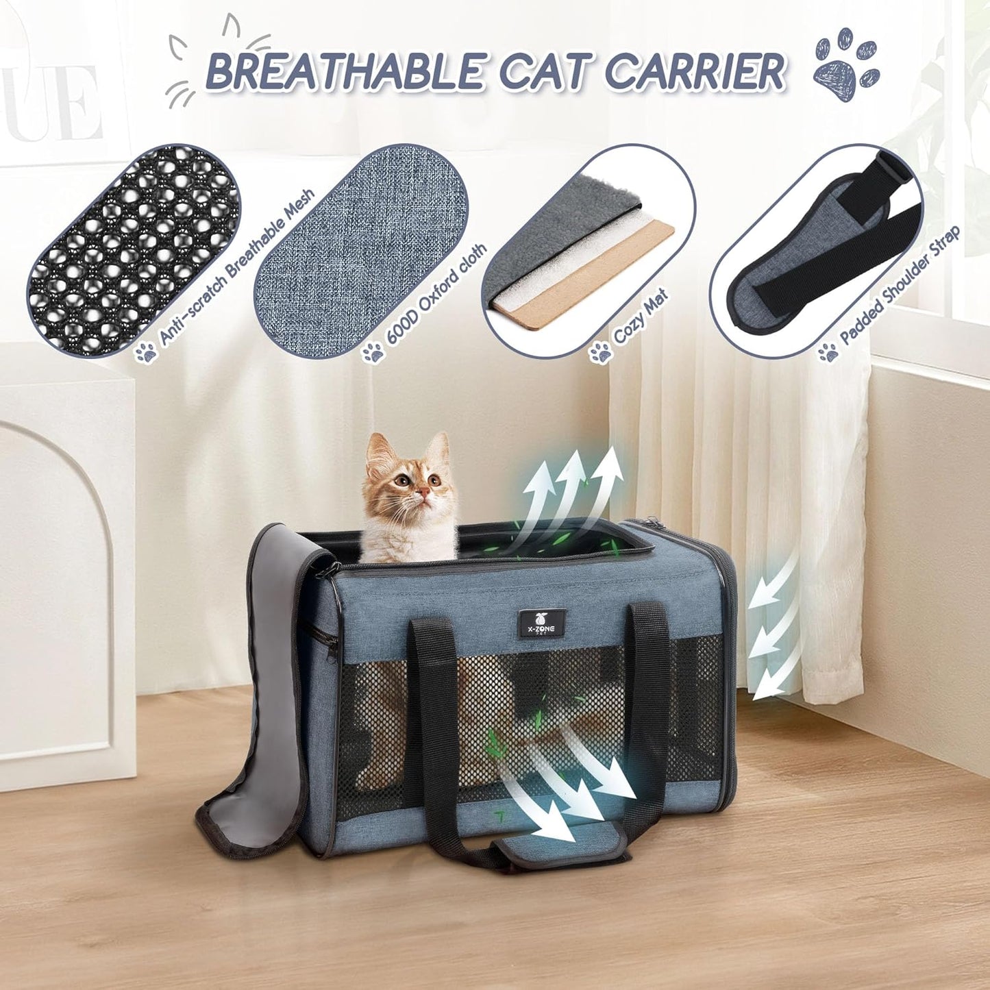 X-ZONE PET Cat Carrier Dog Carrier Pet Carrier for Small Medium Cats Dogs Puppies of 15 Lbs,Airline Approved Soft Sided Pet Travel Carrier,Dog Carriers for Small Dogs - Black Grey Purple Blue Brown