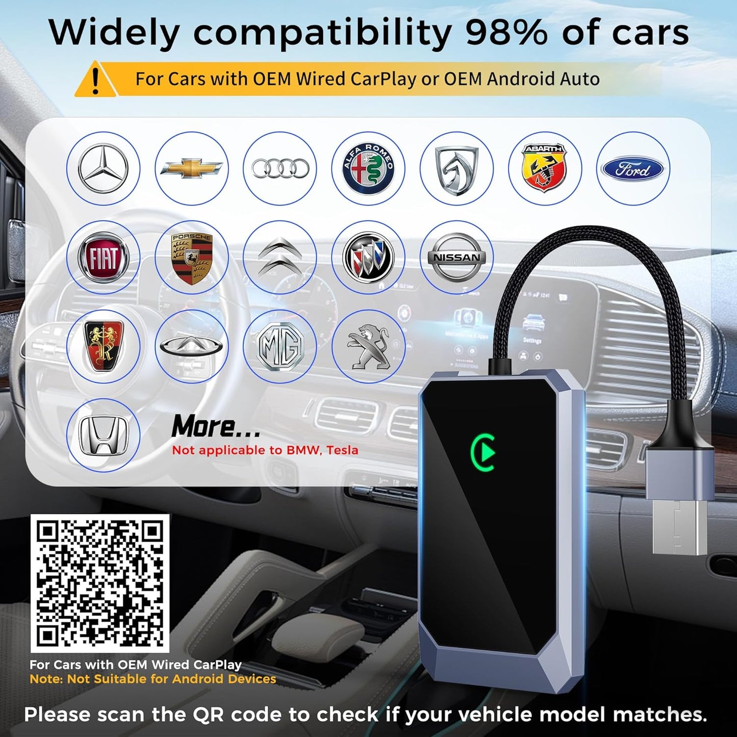Wireless CarPlay Adapter, Convert Factory Wired to Wireless for iPhone, Plug & Play No Delay Mini, More Stable Supports Voice Assistant, Compatible with Cars with OEM Wired CarPlay & iOS 10+