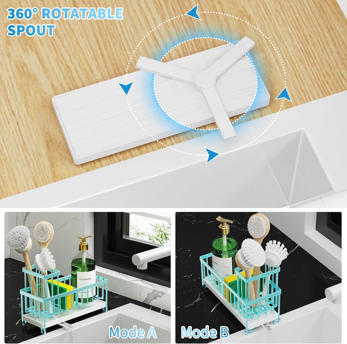 Cisily Sponge Holder for Kitchen Sink, Sink Caddy with High Brush Holder, Organzier Rustproof 304 Stainless Steel Dish Organizer Divider, Soap Dispenser Storage (Black)