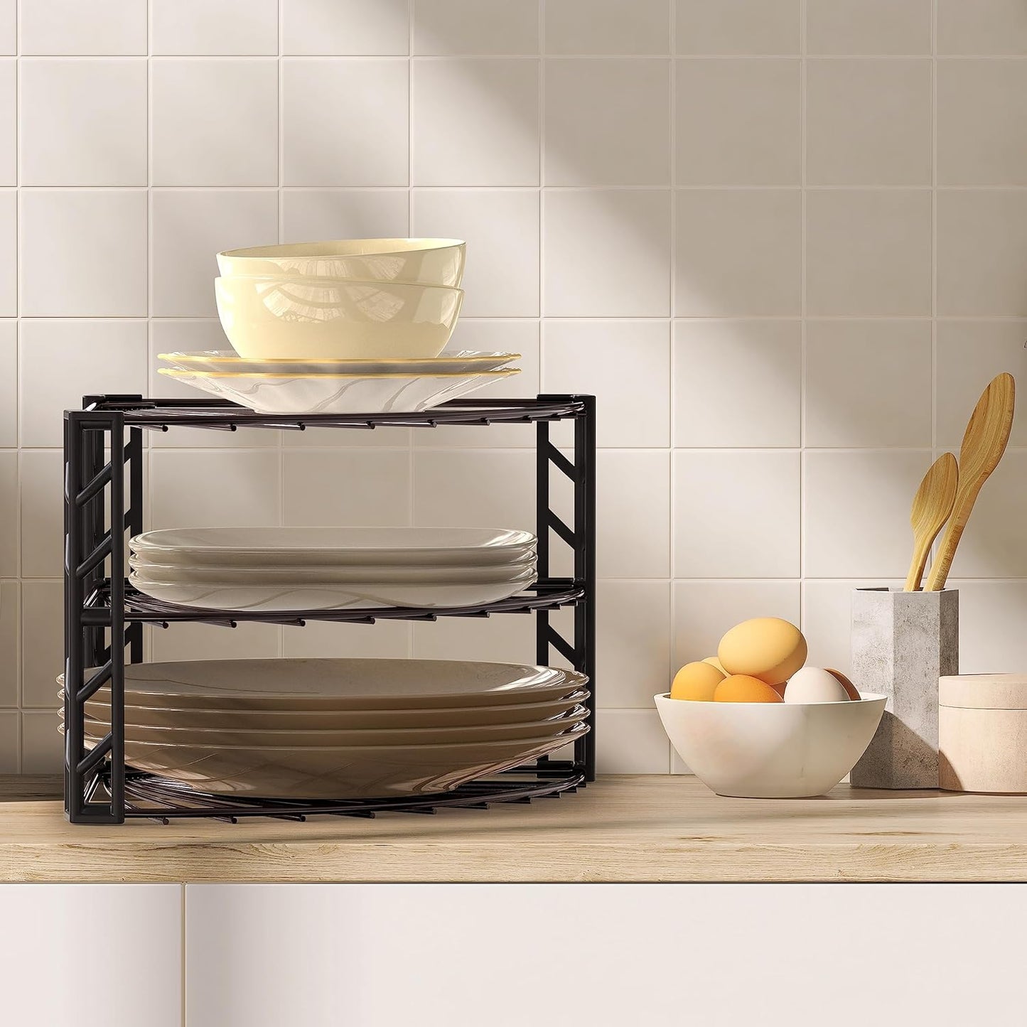 SimpleHouseware 3-Tier Corner Shelf Plate Rack for Counter and Cabinet Organizer, Bronze