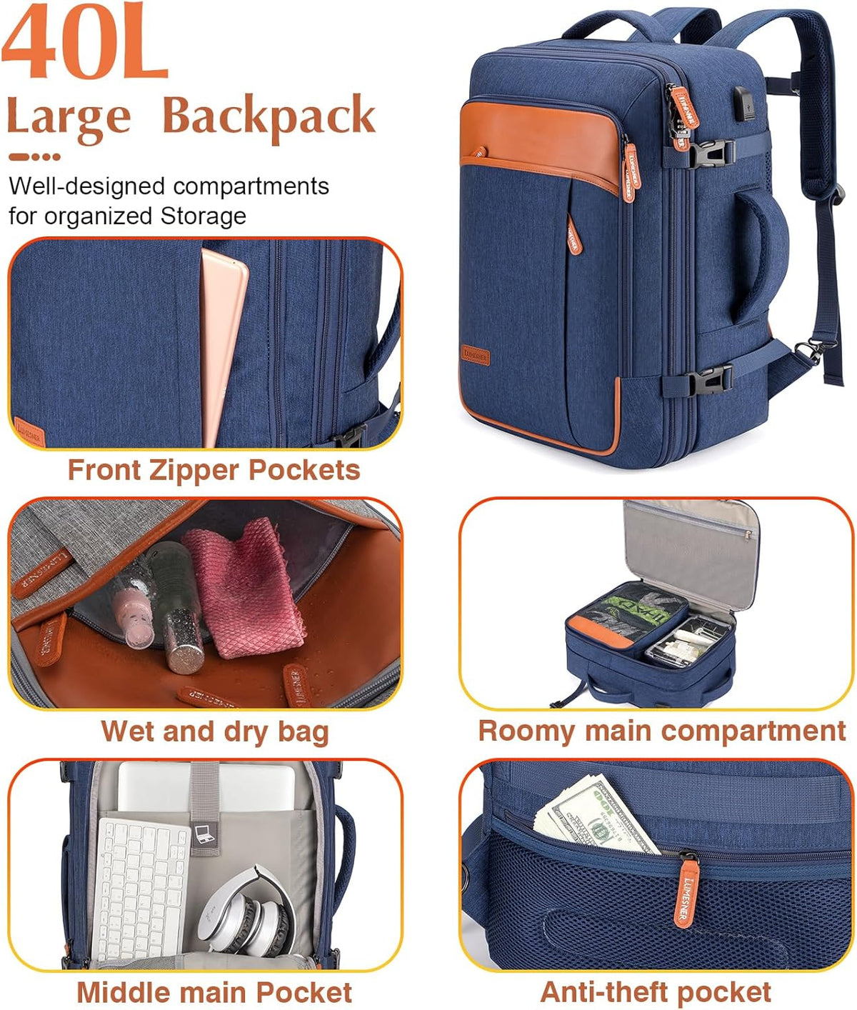 Lumesner Carry on Backpack, Extra Large 40L Flight Approved Travel Backpack for Men & Women - PuriLite