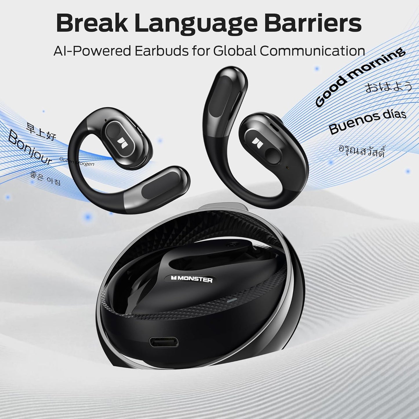 Monster AI Translation Earbuds AC330, 3-in-1 Translator Earbuds Bluetooth 6.0, Wireless Open Ear Headphones with 115 Languages Real-Time Translation, Stylish Rotating Case with Lanyard, Black