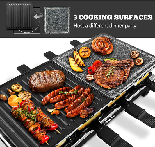 Raclette Table Grill, CUSIMAX Electric Indoor Grill, Portable Korean BBQ Grill with 2 in 1 Reversible Non-stick Plate& Natural Grill Stone, 1500W Electric Party Grill, 8 Raclette Pans& Wooden Spatulas - PuriLite