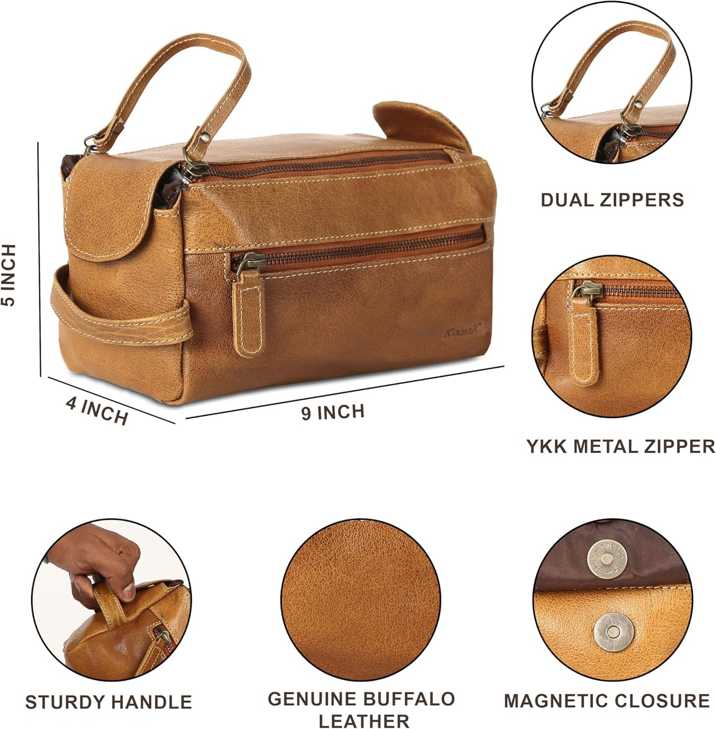Premium Buffalo Leather Unisex Toiletry Bag Travel Dopp Kit Shaving kit (Distressed Tan)