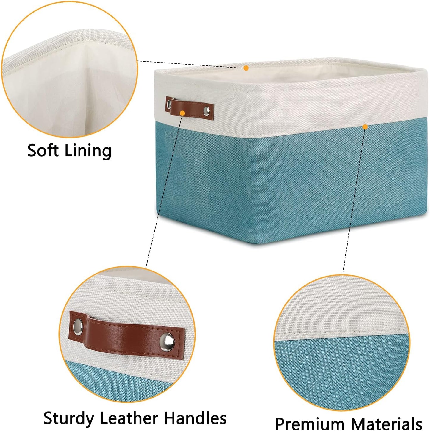 DULLEMELO Storage Baskets for Shelves, Fabric Collapsible Rectangular Storage Bins for Shelves, Closets, Nursery, Home, Office, Empty Gift Baskets (White&Teal)