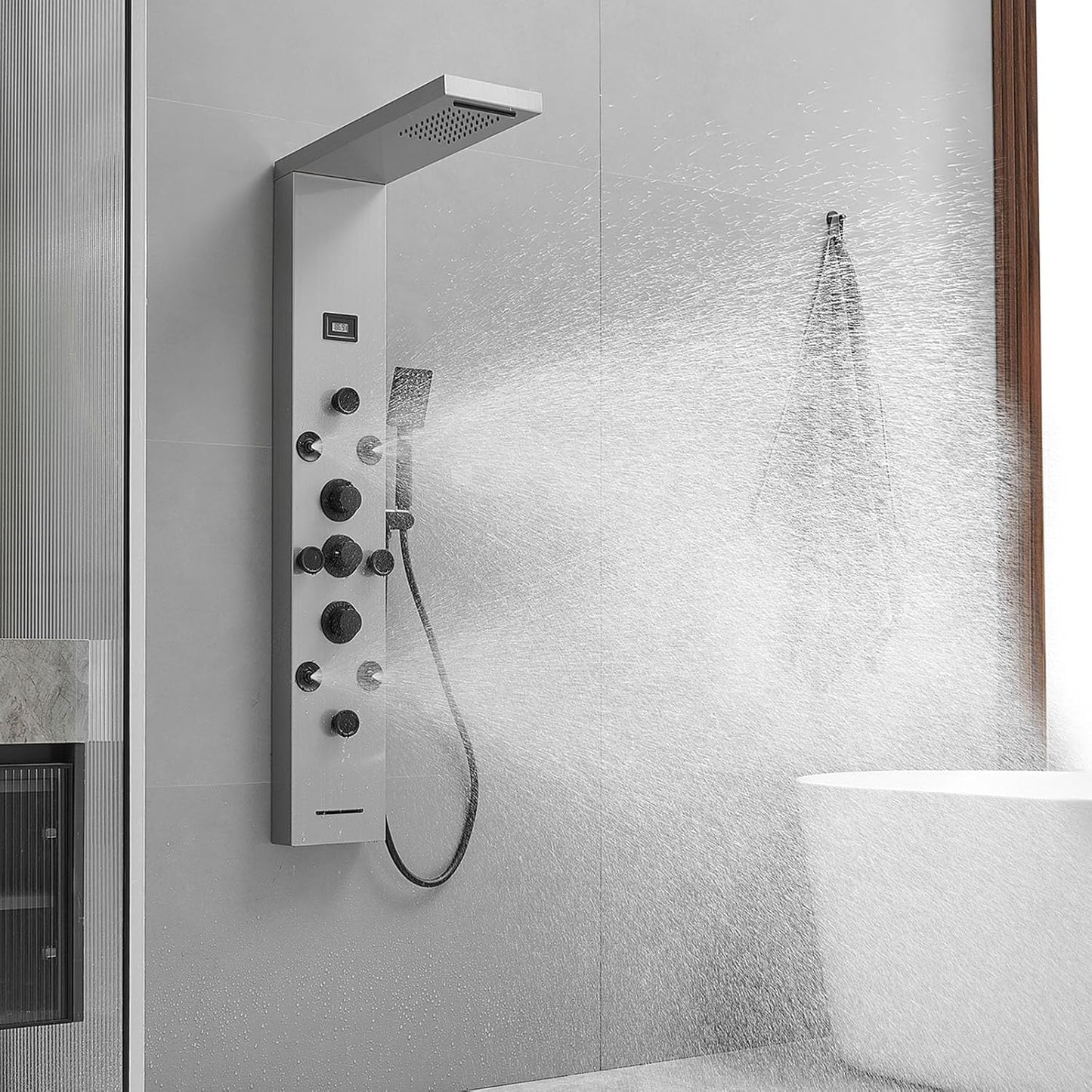 Bathfinesse Shower Tower Bathroom Shower Panel System Rain Massage System 6 in 1 Body Spray Jets Shower Wall Panels Rainfall Waterfall Shower Head Tub Spout with Temperature Display,Matte Black