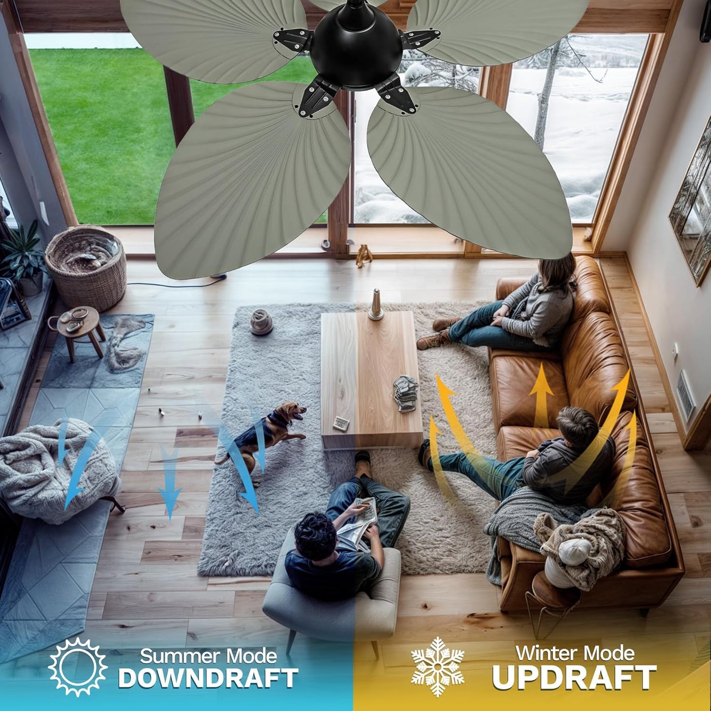 DWVO 52" Ceiling Fans with Lights, Tropical Ceiling Fan with Lights and remote, LED Tri-Color Temperature, Reversible 6 Speeds w/Quiet DC Motor for Living Room, Dining Room, Bedroom