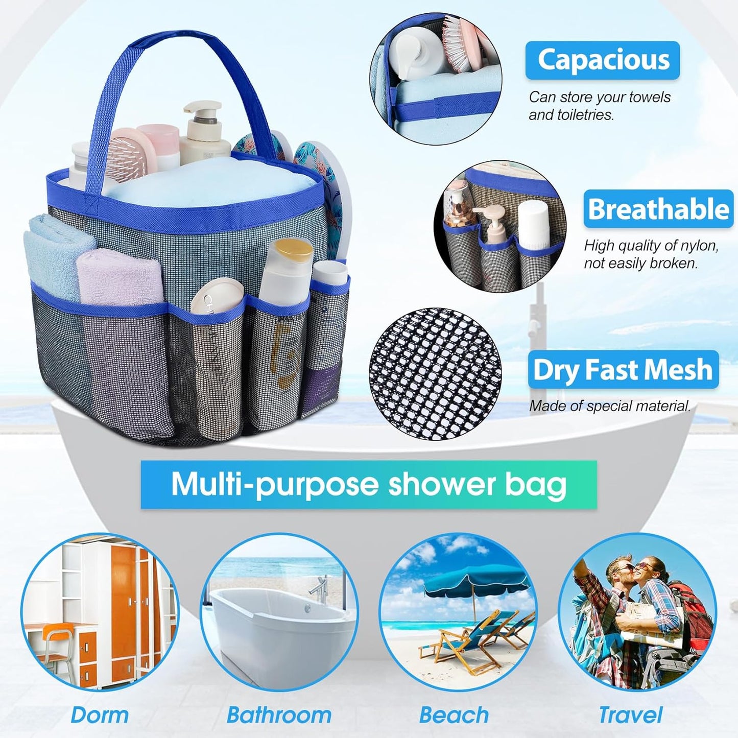 Attmu Mesh Shower Caddy Portable for College Dorm Room Essentials with 8 Pockets, Hanging Shower Caddy Basket Tote Bag Toiletry Accessories for Bathroom