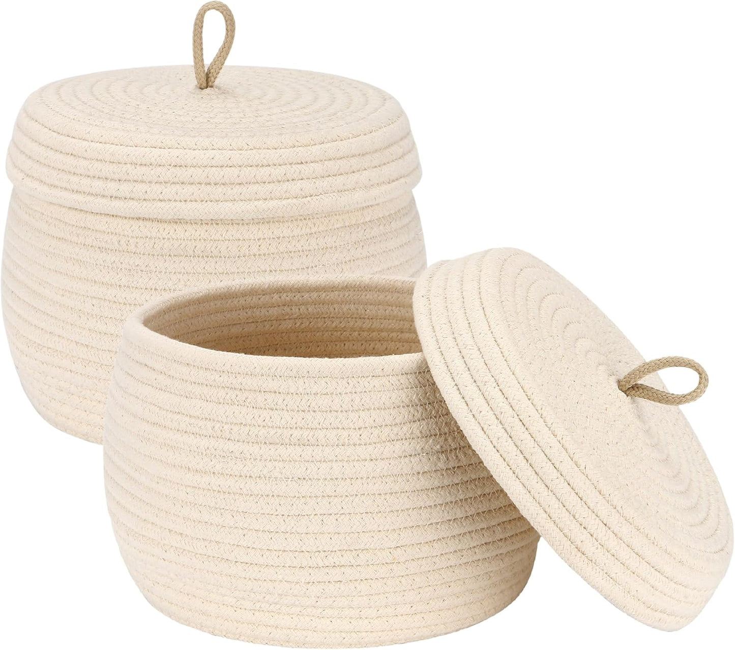 Sea Team Round Cotton Rope Storage Basket with Lid, Decorative Woven Storage Bin, Pot, Caddy, Organizer, Container for Snacks, Towels, Plants (Grey, Small)