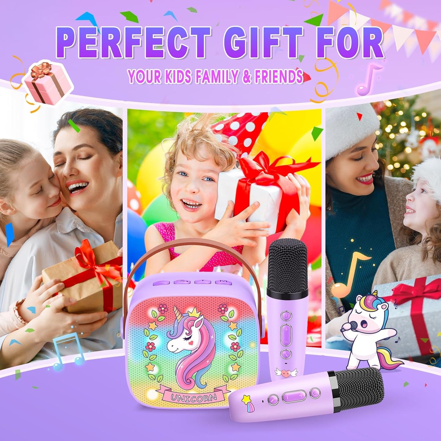 Mini Karaoke Machine for Kids, Exssary 3 4 5 6 7 8-12 Year Old Girl Gifts Portable Bluetooth Speaker with 2 Wireless Microphone Unicorn Toys Birthday Gifts for Girls Kids Teens (Pink)