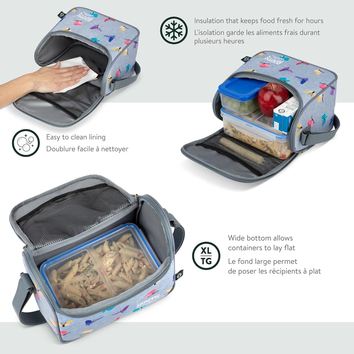 Roots Essential 3-in-1 Matching Water Resistant Kids Backpack and Lunch Bag Set with Bonus Pencil Case - Made From 100% Recycled Fabrics - 22.5 litres, Purple Pink Polka Dot - PuriLite
