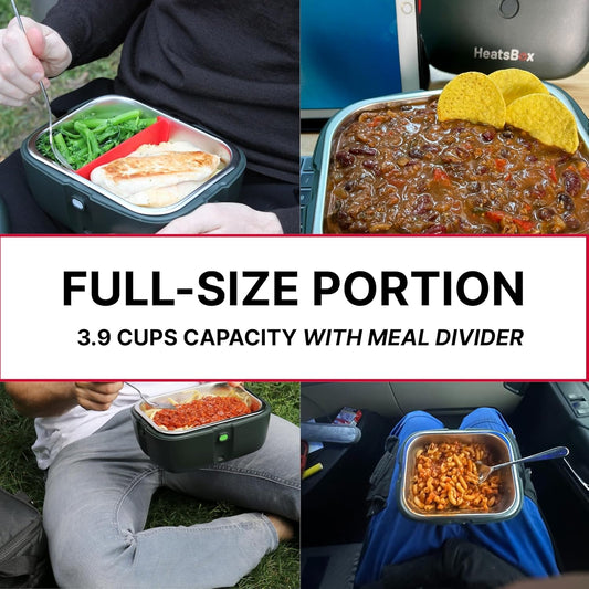 HeatsBox Electric Lunch Box 100W Portable Food Warmer | App Control | Car, Truck, Office, Outdoor Work | 31oz Stainless Steel Battery Powered Self Heating Lunchbox | 12V 24V 110V | Ideal Gift