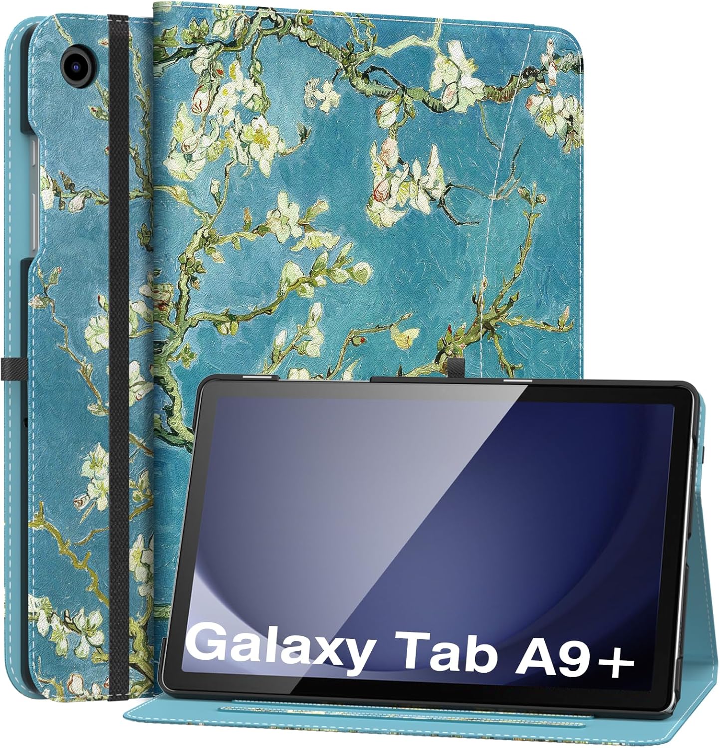 MoKo Case for Samsung Galaxy Tab A9 Plus 11" 2023 (SM-X210/SM-X216/SM-X218), PU Leather Multi-Angle Viewing Folding Stand Cover Case with Hand Strap, Front Pocket, Auto Wake/Sleep, Denim Blue & Brown