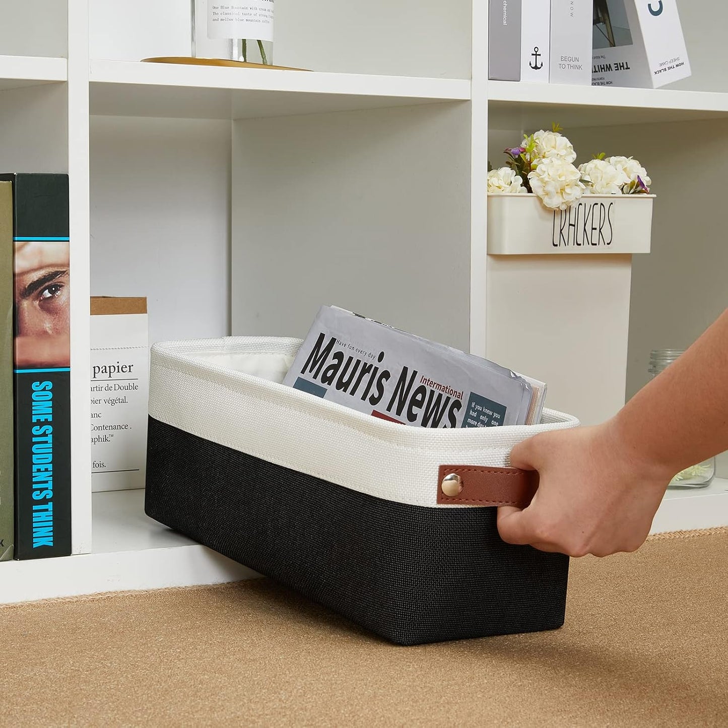 DULLEMELO Storage Baskets for Shelves, Fabric Collapsible Rectangular Storage Bins for Shelves, Closets, Nursery, Home, Office, Empty Gift Baskets (White&Teal)