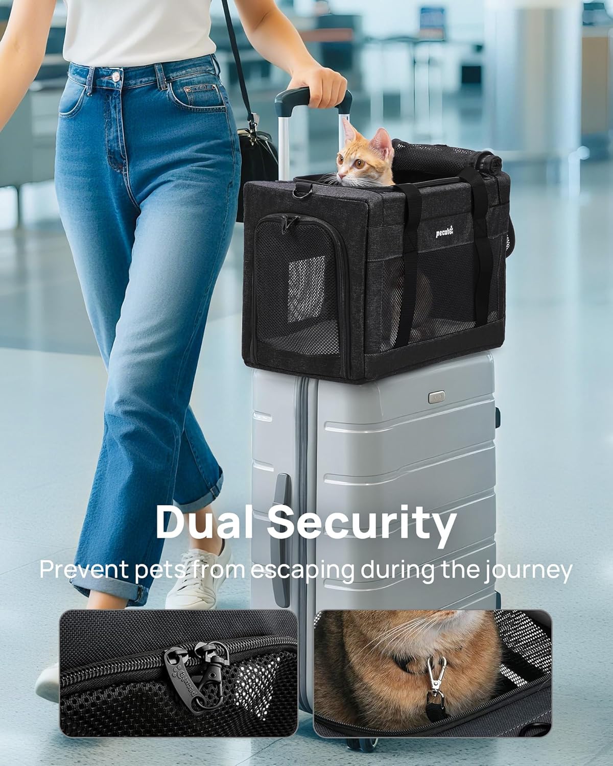 Pecute Cat Carrier Airline Approved, Thickened 5mm Steel Wire Frame, Stable Dog Carrier for Small Dogs, Breathable Foldable Pet Carrier with Sunshade, Suitable for Pets up to 5kg/11lbs (Dark Gray)