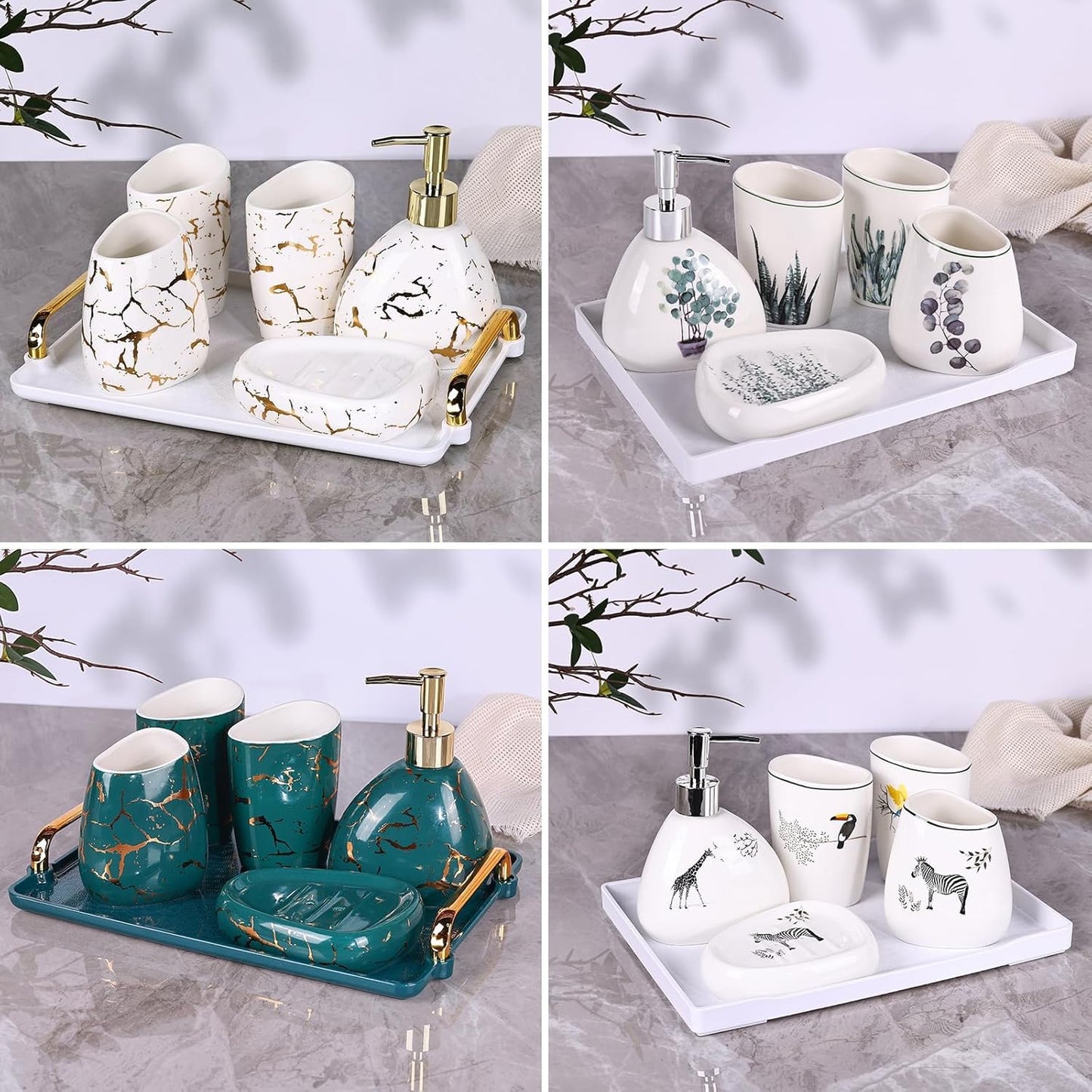 White Bathroom Accessories Set,Modern Countertop Bathroom Decor,Luxury 6 Piece Bathroom Accessory Set,Complete with Soap Dispenser,Toothbrush Holder,Tumbler,Tray