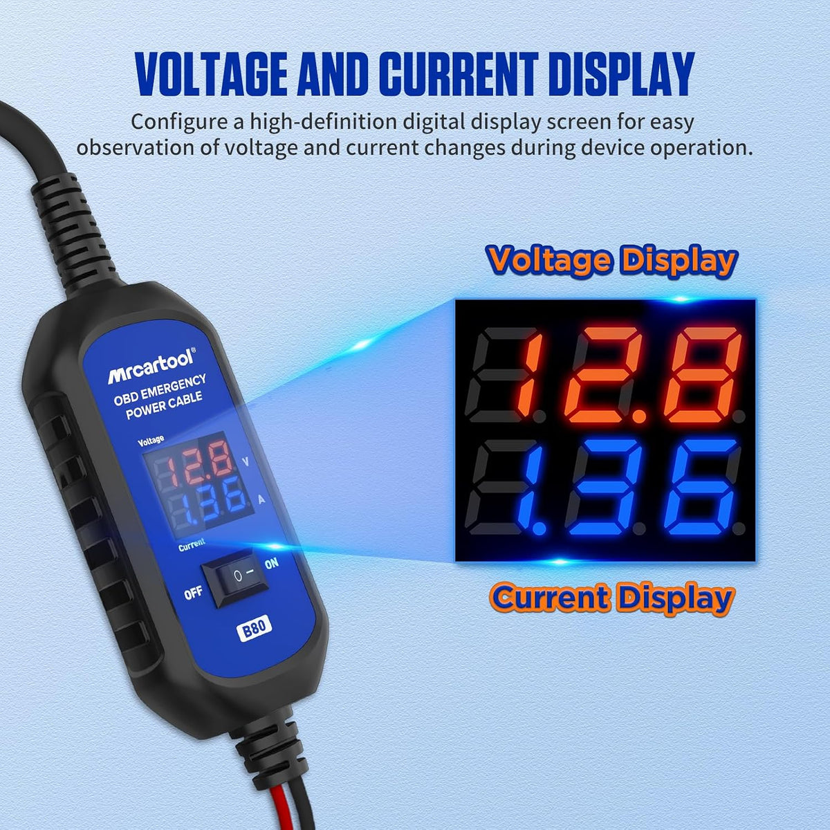 MR CARTOOL OBD2 Car Memory Saver Cable with Voltage and Current Display, Vehicle Emergency Power Supply Cable 12V withAuto Leakage Detection,2 Alligator Clips&3A Fuse