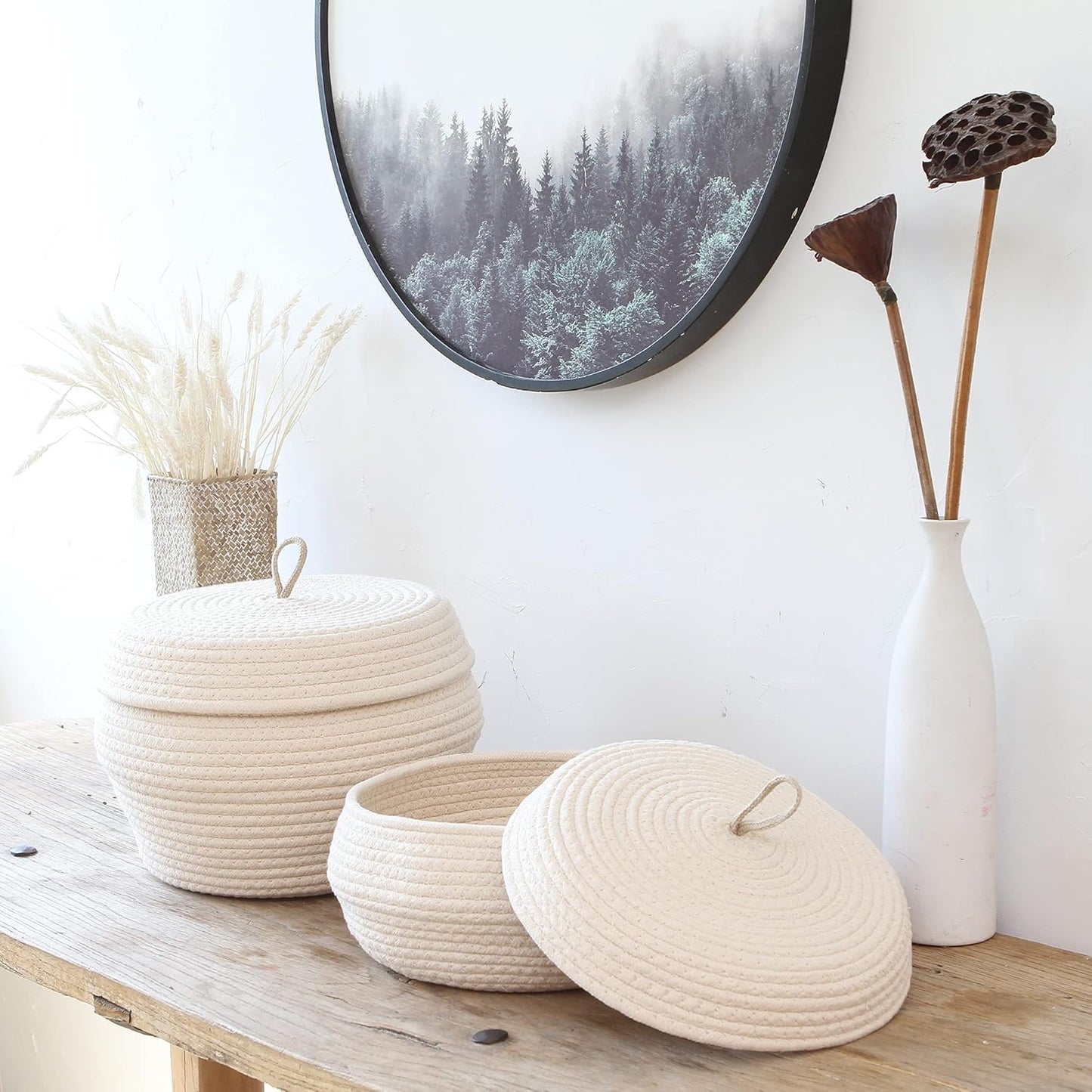 Sea Team Round Cotton Rope Storage Basket with Lid, Decorative Woven Storage Bin, Pot, Caddy, Organizer, Container for Snacks, Towels, Plants (Grey, Small)
