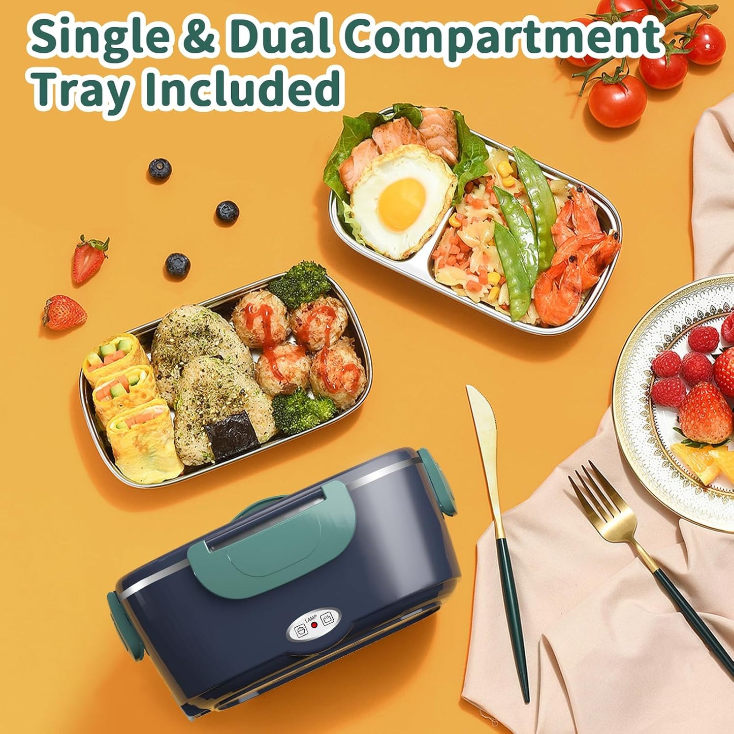 Electric Heated Lunch Box 100W - 3-in-1 Fast Heating Lunch Boxes Portable Food Heater for Adults,12V/24V/110V 1.5L Lunch Box with Leak-Proof Lid for Car Truck Office (3 Times Faster)