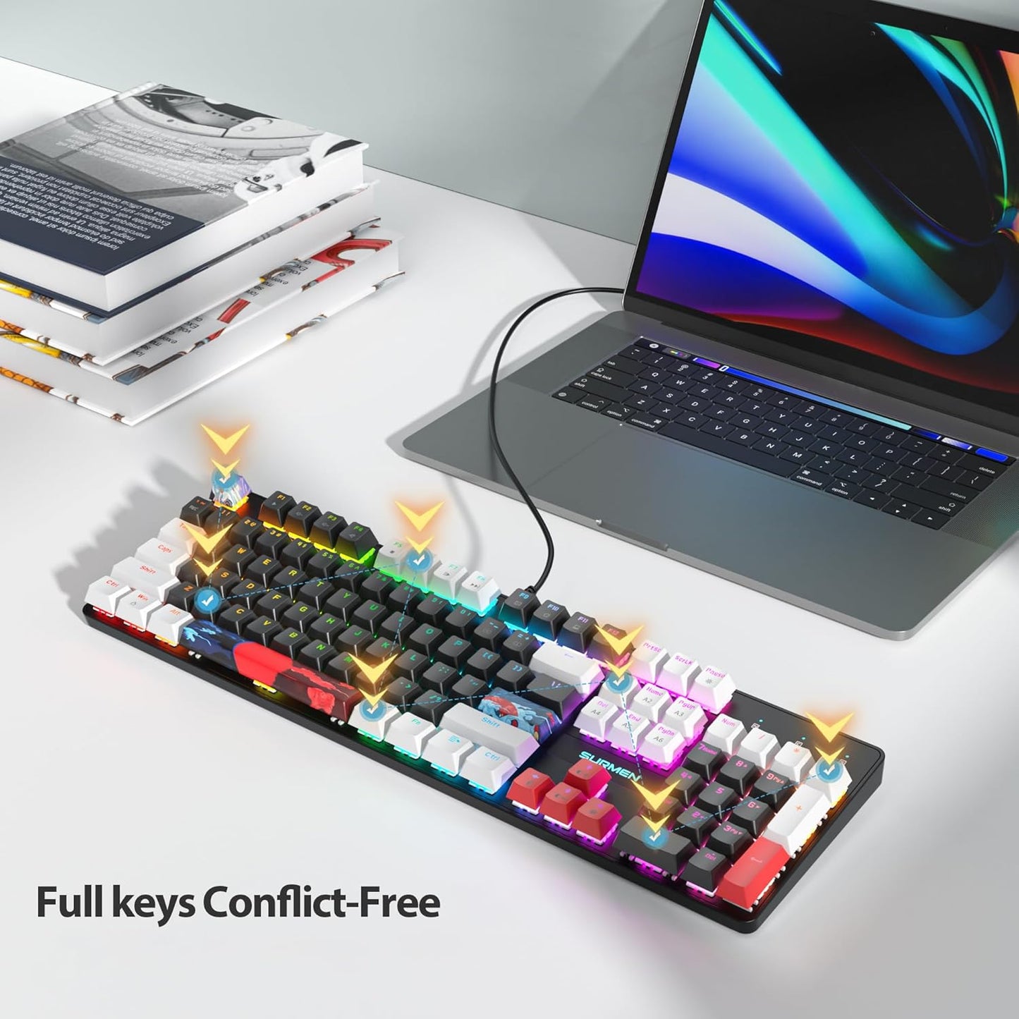 Fogruaden Full Size Mechanical Keyboard, Green Matcha Keyboard, Wired USB 104 Keys RGB Backlit Gaming Keyboard with Number Pad, Red Switches, NKRO Mechanical Keyboard for Windows Laptop PC Gamer