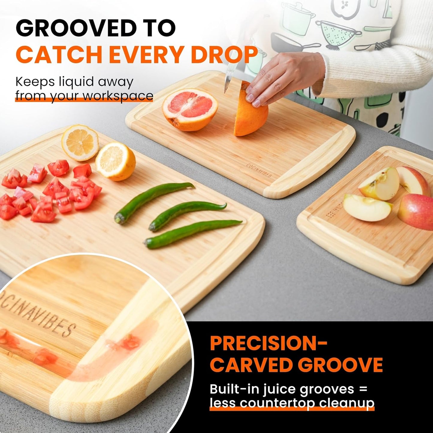 Bamboo Cutting Board Set – Non-Toxic Charcuterie & Chopping Boards for Kitchen, Large & Small Sizes, Safe Cutting Boards for Meat, Cheese, Pizza – Home & Kitchen Gift Idea