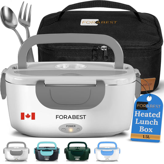 FORABEST Electric Lunch Box Food Heater 80W 1.5L Stainless Steel Heated Lunch Box for Men & Women, Universal 12/24/110/220V Self Heating Lunch Box for Car, Truck & Work, Portable Food Warmer lunch box