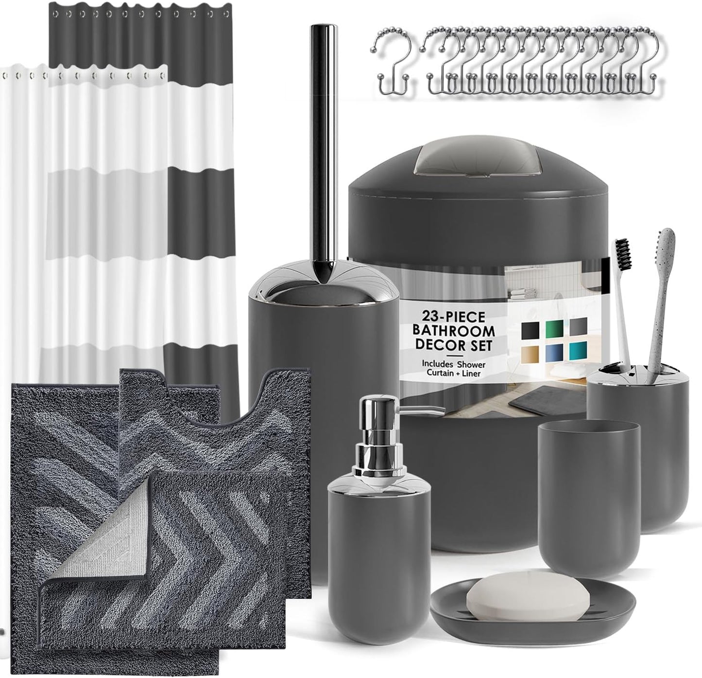 Clara Clark Bathroom Set - Gray Bathroom Accessories Set, Bathroom Sets with Shower Curtain and Rugs, 23PC Shower Curtain Set with Liner, Soap Dispenser, Soap Dish, Toilet Brush Holder, and Trash Can