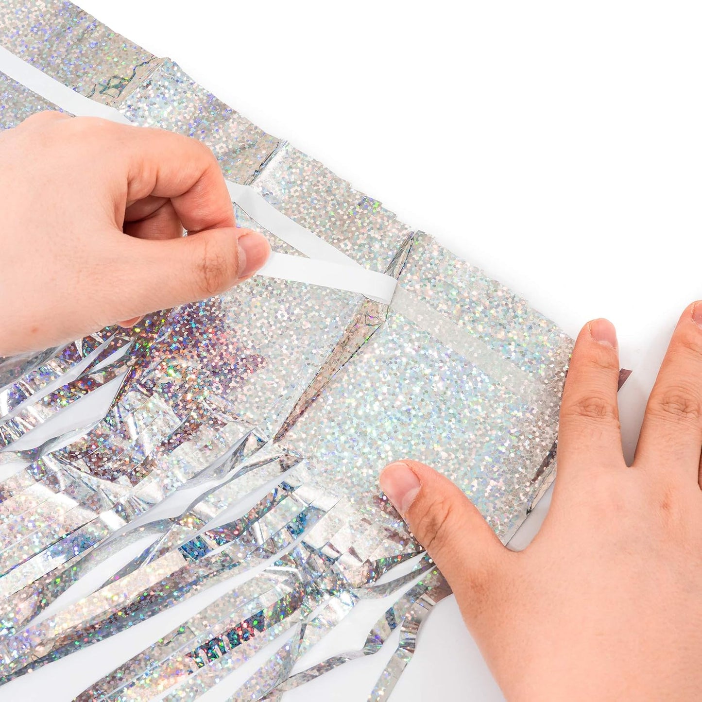 GREATRIL Iridescent Party Tinsel Fringe Backdrop Decorations - Holographic Foil Streamers Curtain for Mermaid/Under The Sea/Frozen/Ocean/Disco/Birthday Themed 3.2ft x 6.5ft - 2 PCS