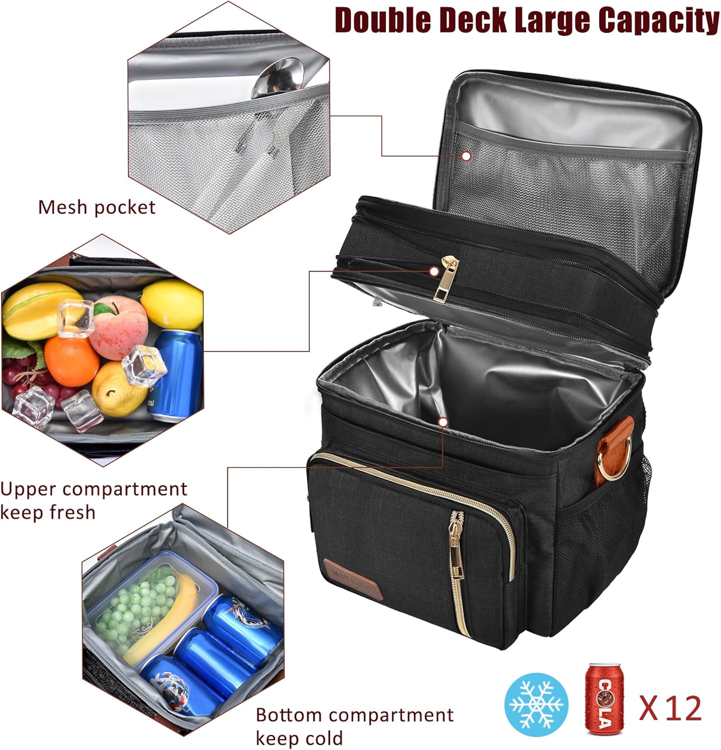 Lunch Bag for Women Men Double Deck Lunch Box - Leakproof Insulated Soft Large Lunch Cooler Bag, MIYCOO (Black,15L)