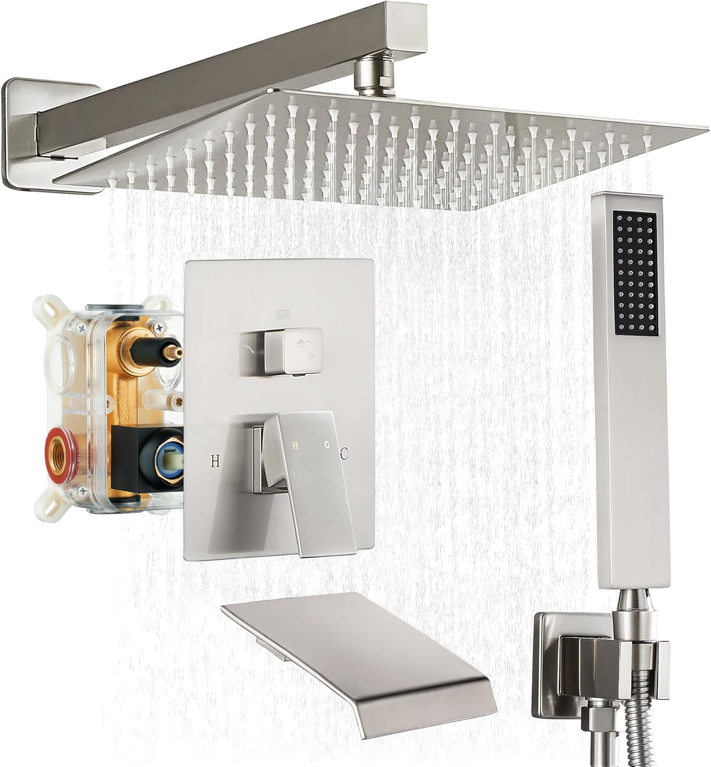 Fransiton Shower System Rain Shower System Set Ceiling Mounted, Rainfall Shower Head with Handheld, Bathroom Shower Kit (Valve Included) (8" - Wall Mount, Matte Black)