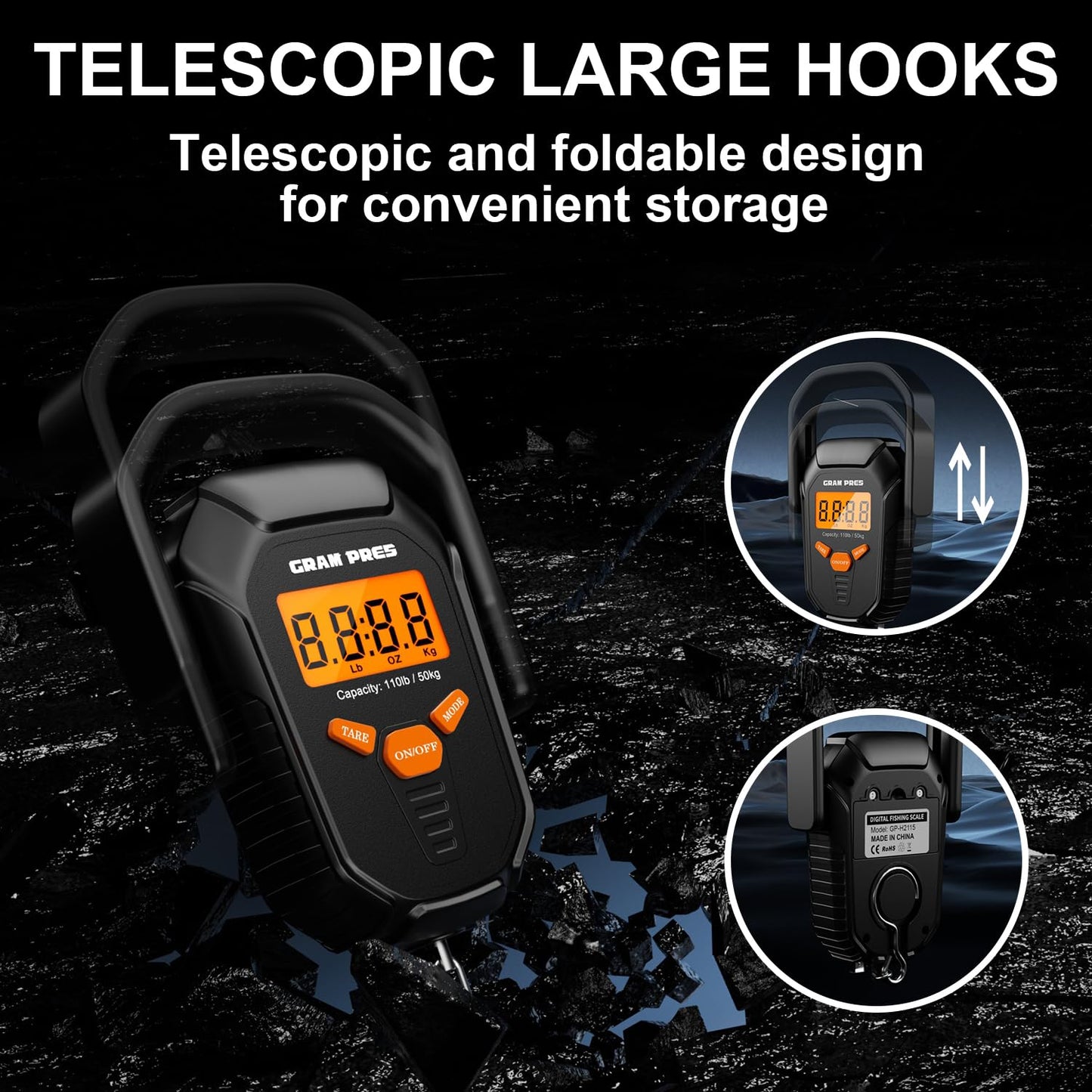 GRAM PRES Fish Scale 110lb/50kg,Digital Fishing Scale with Ruler,Electronic Portable Hanging Luggage Weight Scale with Hook and Fish Lip Gripper,Lb/oz/Kg Mode, Batteries Included
