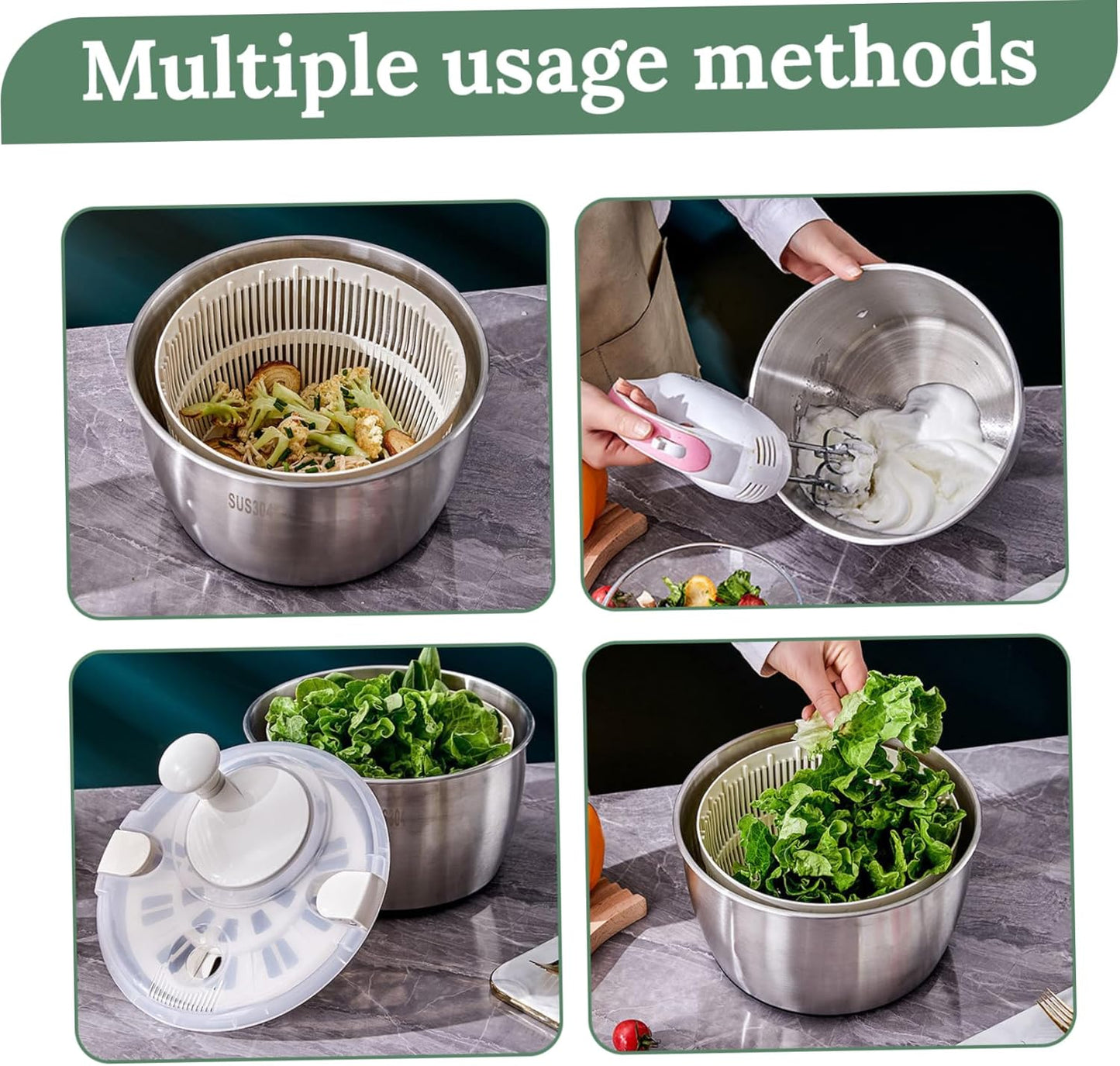 Salad Spinner 5L Dual Layer Stainless Steel & PP Lettuce Spinner with Lid & Rotating Handle Multi-Purpose Quick Dry Fruit and Vegetable Wash for Kitchen