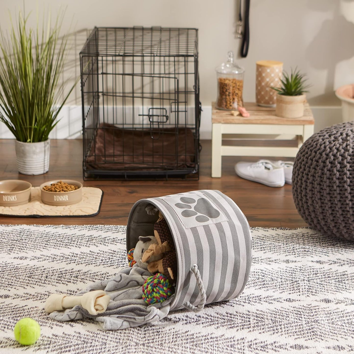 DII Bone Dry RoundSmall Pet Toy and Accessory Storage Bin, 12"(Dia) x9(H), Collapsible Organizer Storage Basket for Home Decor, Pet Toy, Blankets, Leashes and Food-Gray Stripes
