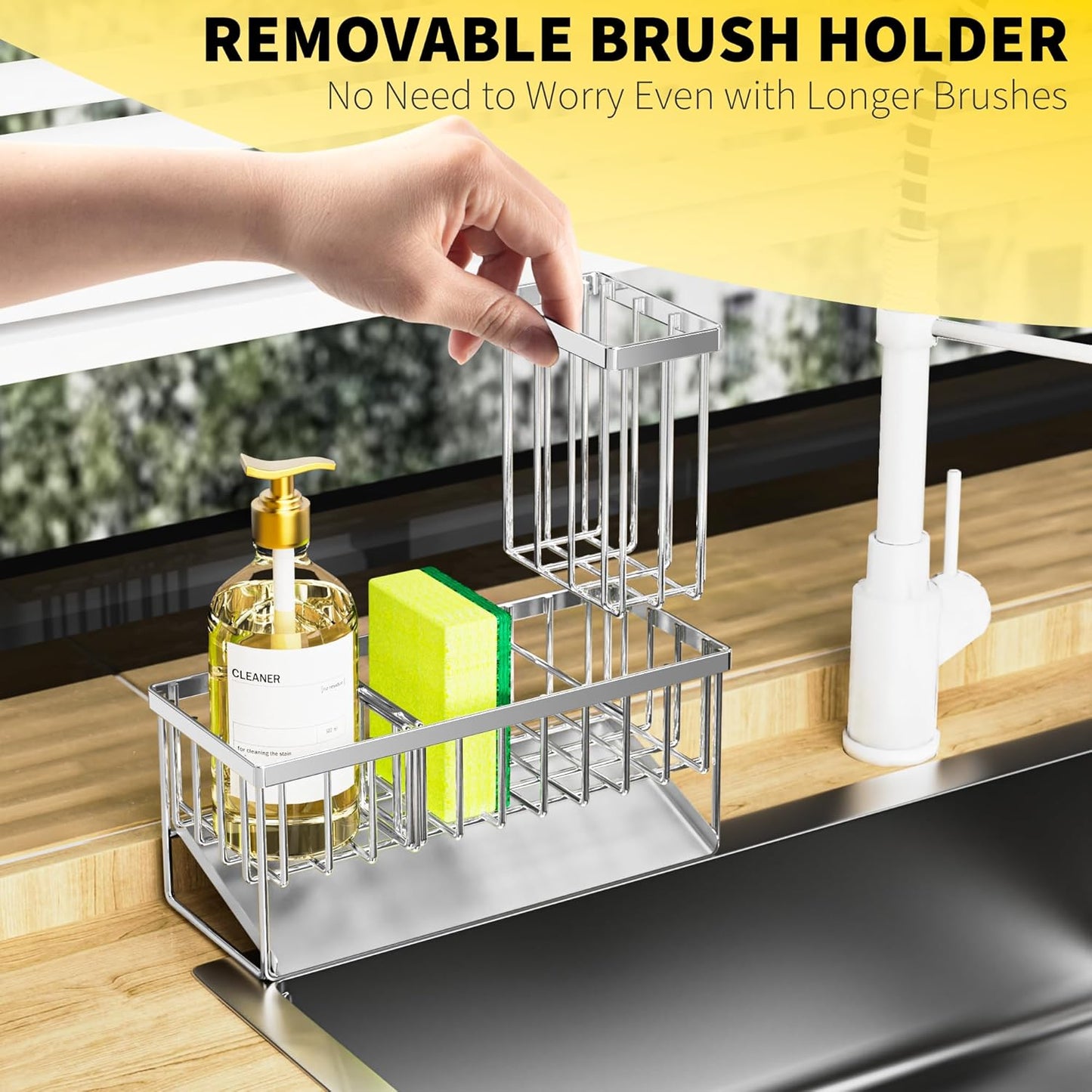 Cisily Kitchen Sink Caddy Organzier with High Brush Holder, Sponge Holder for Sink, 304 Rustproof Stainless, Kitchen Countertop Soap Dispenser Organizer, Kitchen Decor and Accessories (Black)