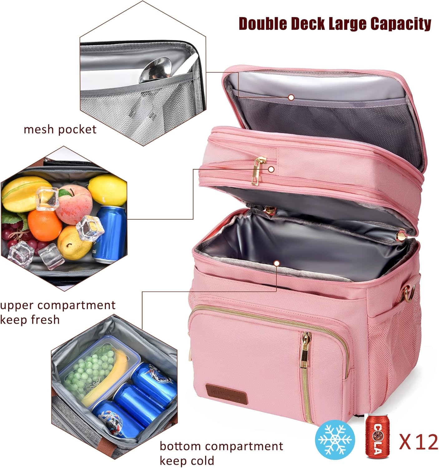 Lunch Bag for Women Men Double Deck Lunch Box - Leakproof Insulated Soft Large Lunch Cooler Bag, MIYCOO (Black,15L)