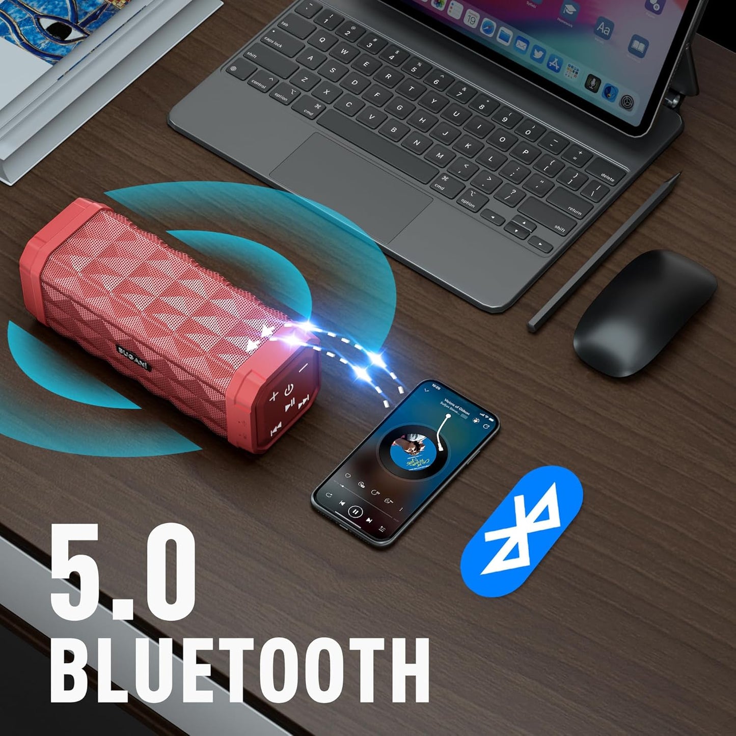 M99 Bluetooth Speaker, BUGANI Wireless Portable Speaker Stereo Sound, IPX5 Speaker, Built-in Microphone 24H Play, Bluetooth 5.0, USB-C Charging, Outdoor Speaker Suitable for Home Hiking, Red