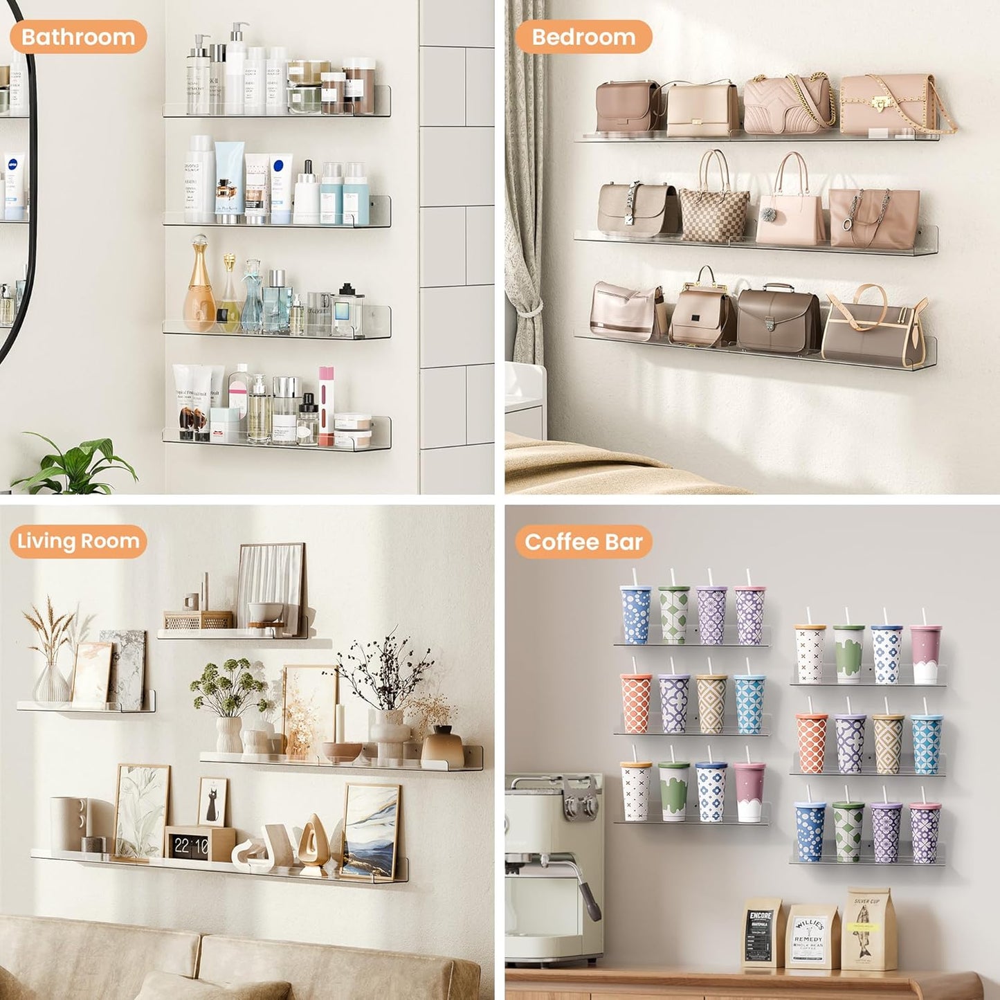 upsimples Clear Acrylic Shelves for Storage, 15" Floating Shelves Wall Mounted for Kids Bookshelf/Display Ledge for Bedroom, Living Room, Bathroom, Kitchen, Set of 4