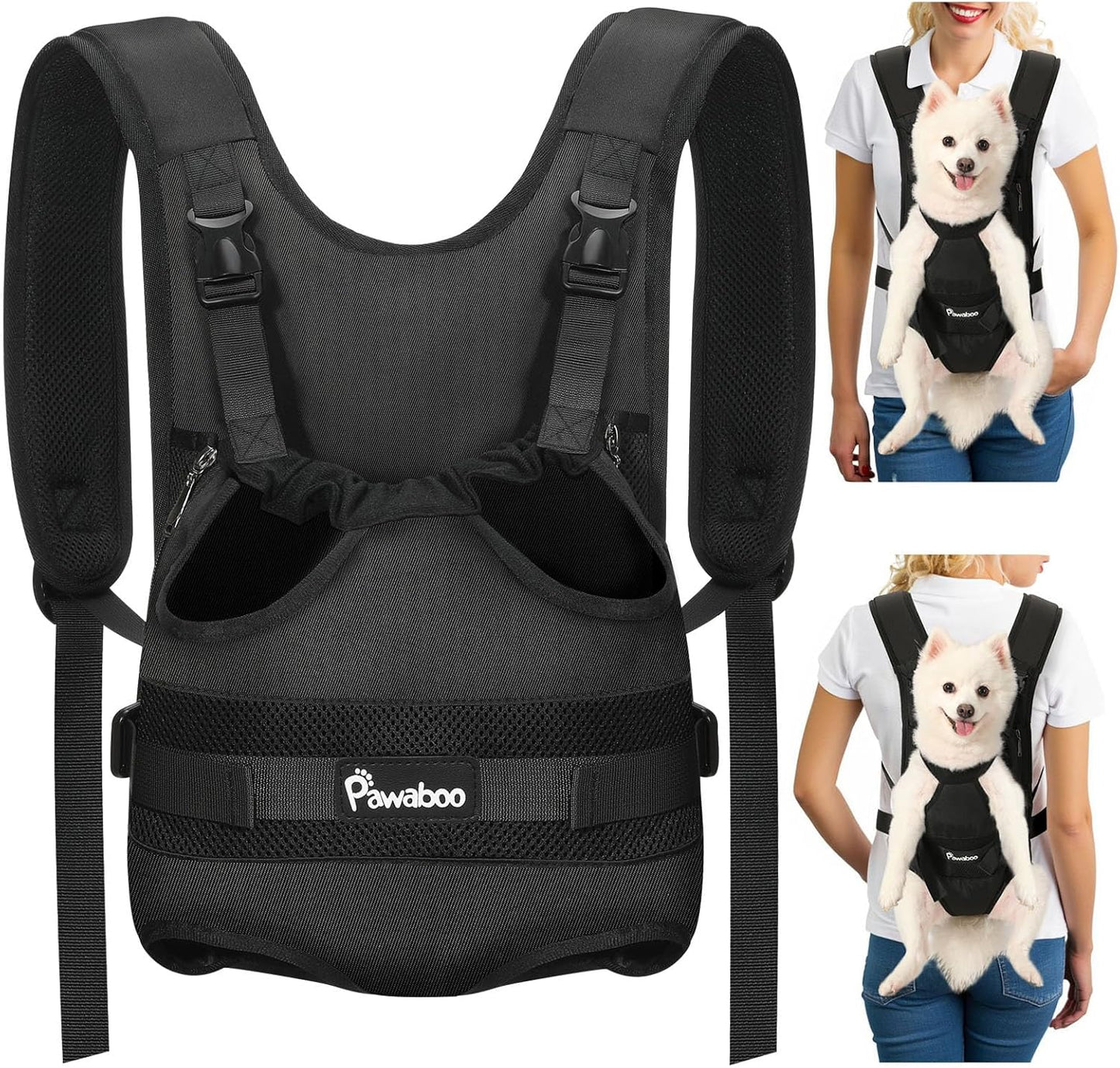 Pawaboo Pet Carrier Backpack, Adjustable Pet Front Cat Dog Carrier Backpack Travel Bag, Legs Out, Easy-Fit for Traveling Hiking Camping for Small Medium Dogs Cats Puppies, Medium, Black