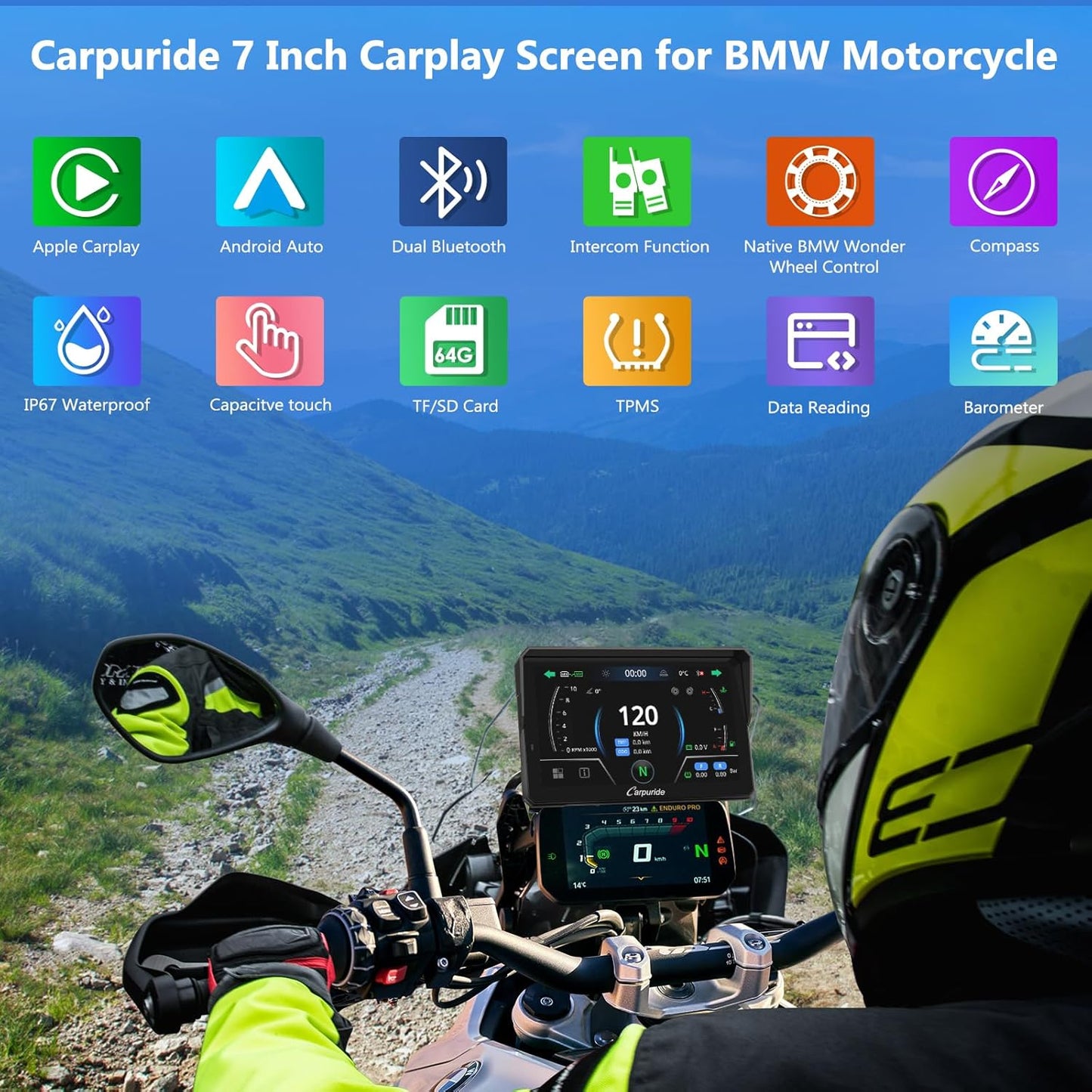 2025 CARPURIDE W702BS PRO for BMW Motorcycle CarPlay & Android Auto Dual Bluetooth, 7" Waterproof GPS Navigation Screen, Data Reading,Native Wonder, TPMS, Light Sensor, Music Sharing, Intercom, 16-Pin