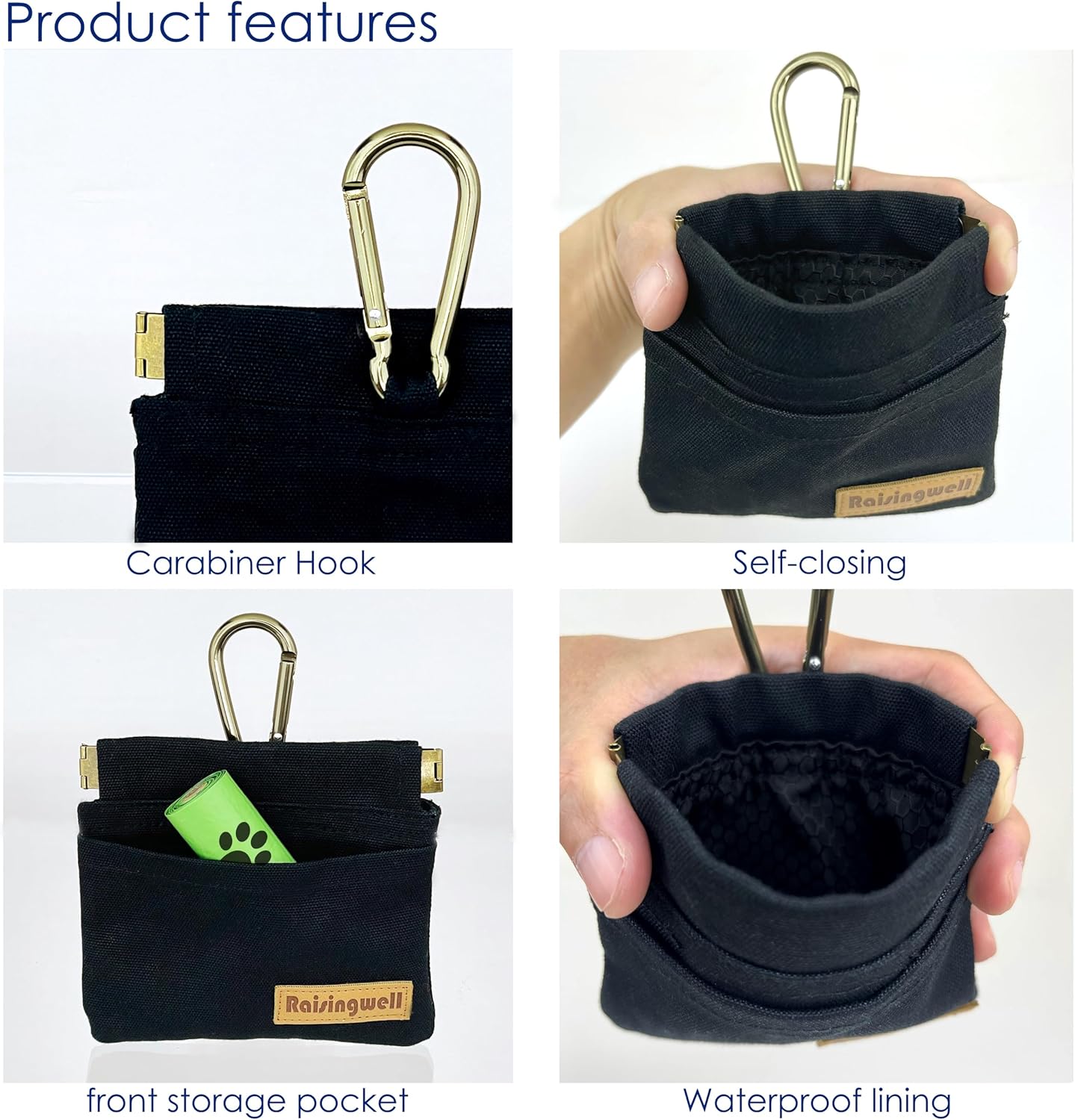 Raisingwell Dog Treat Pouch, Black Pocket Sized Pet Training Pouch, Cotton Fabric, Hand Free Dog Walking Bag with Carabiner, Self-Closing Pet Feed Snack Reward, for Pet Puppy Travel or Outdoor Use
